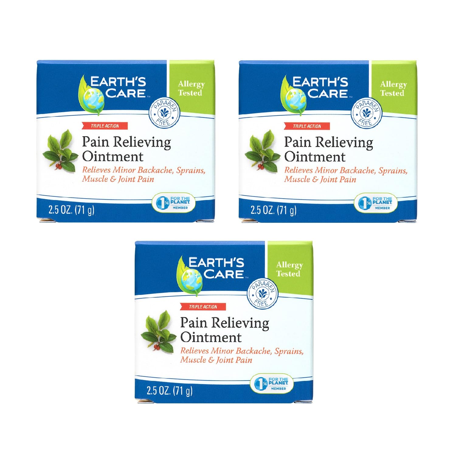 Earth's Care Pain Relieving Ointment - Triple Action Muscle and Joint Pain Relief Cream - Topical Analgesic 2.5 oz (3 Jars) - TrustMedUSA