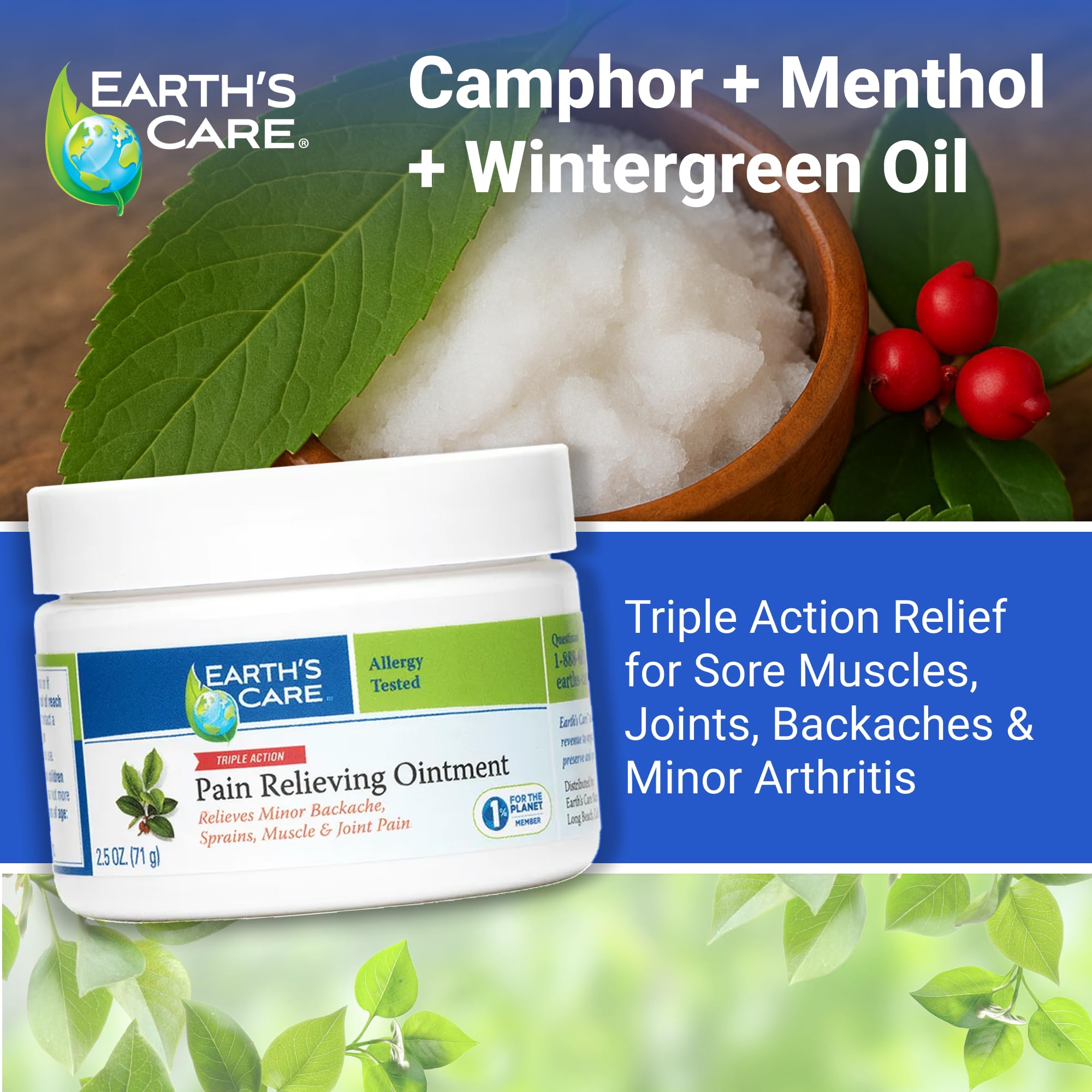 Earth's Care Triple Action Pain Relieving Ointment, No Parabens, Colors or Fragrances, Allergy-Tested 2.5 OZ. (2 Jars) - TrustMedUSA