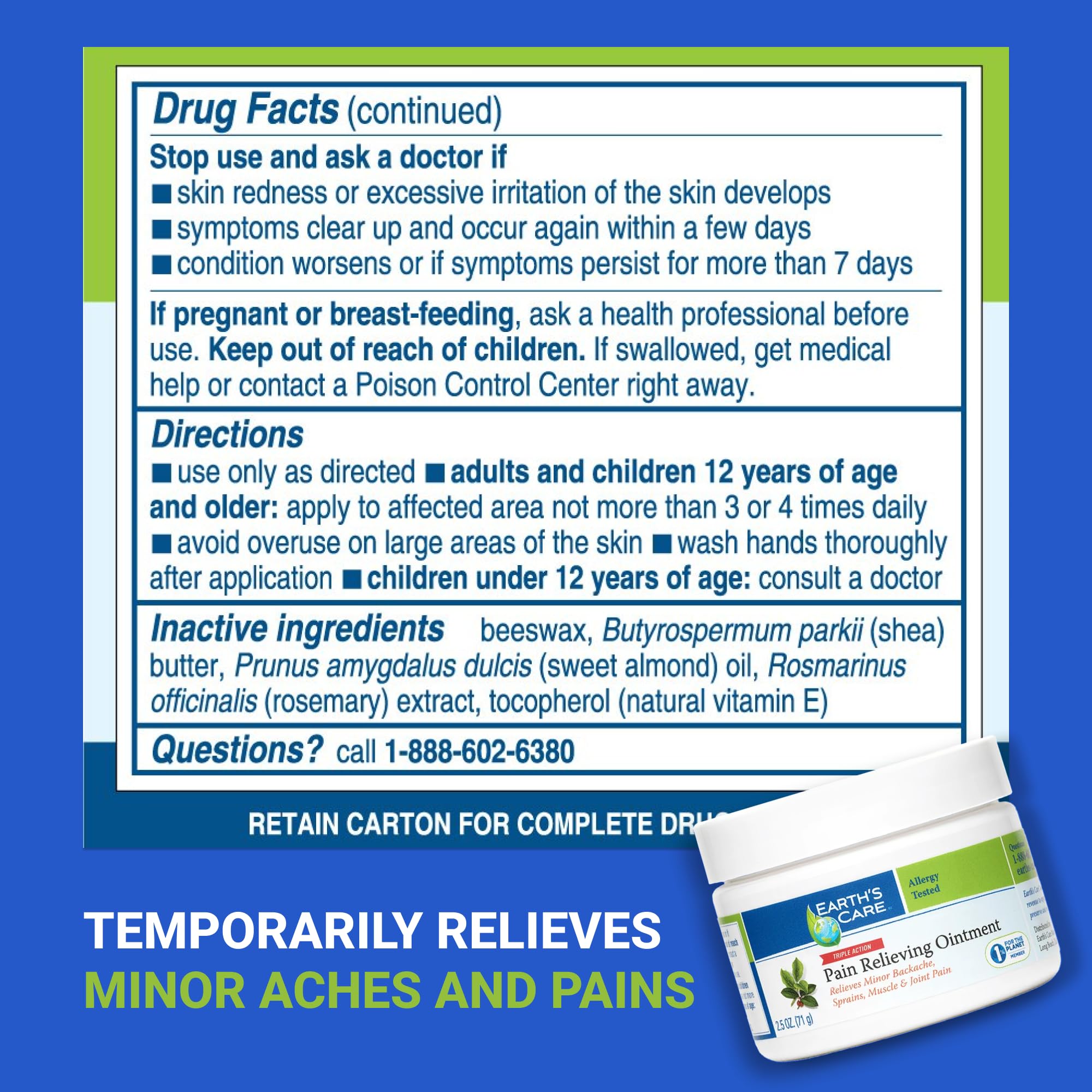Earth's Care Triple Action Pain Relieving Ointment, No Parabens, Colors or Fragrances, Allergy-Tested 2.5 OZ. (2 Jars) - TrustMedUSA