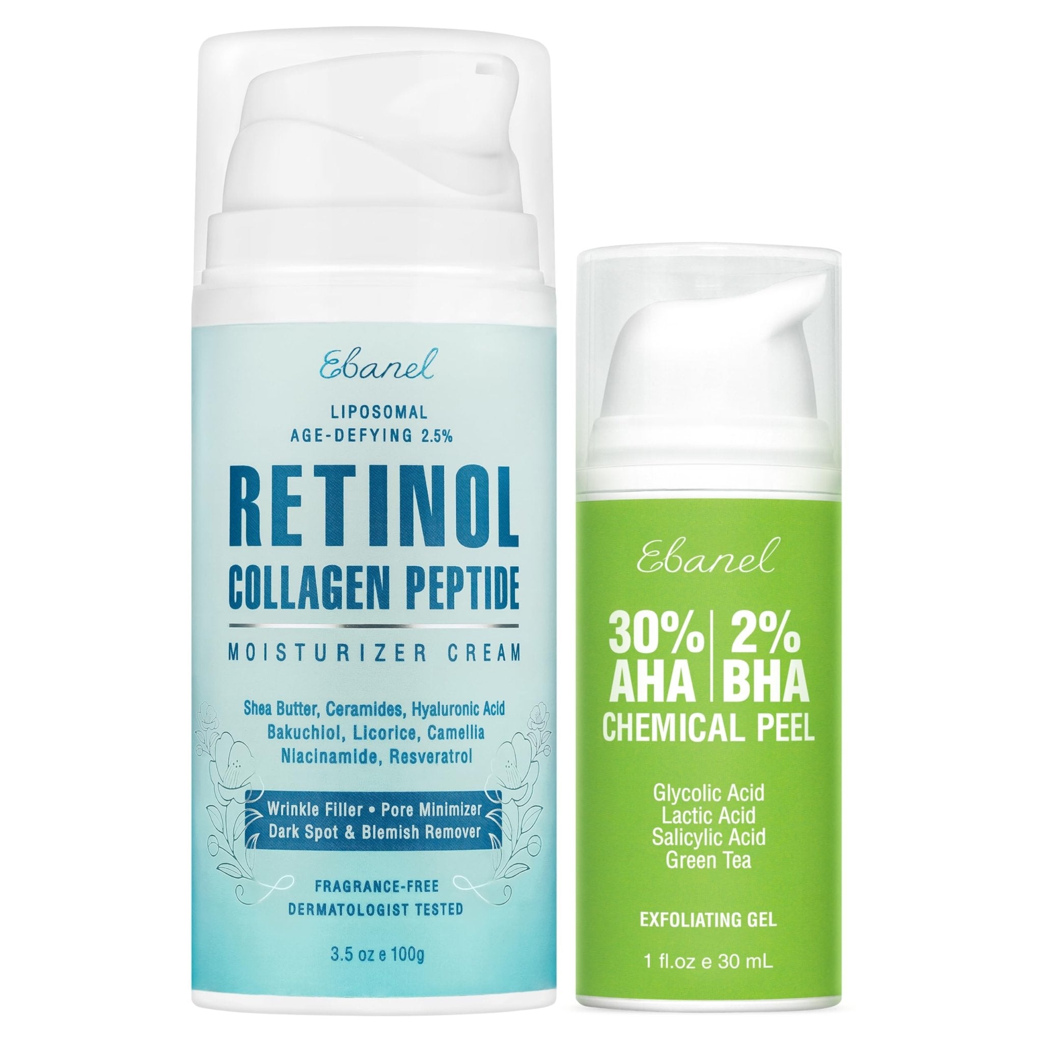 Ebanel 30% AHA 2% BHA Chemical Peel & 2.5% Retinol Cream Moisturizer for Face - Removes Acne Scars, Dark Spots, Wrinkles & Brightens Skin - Maple Wellness Supplements