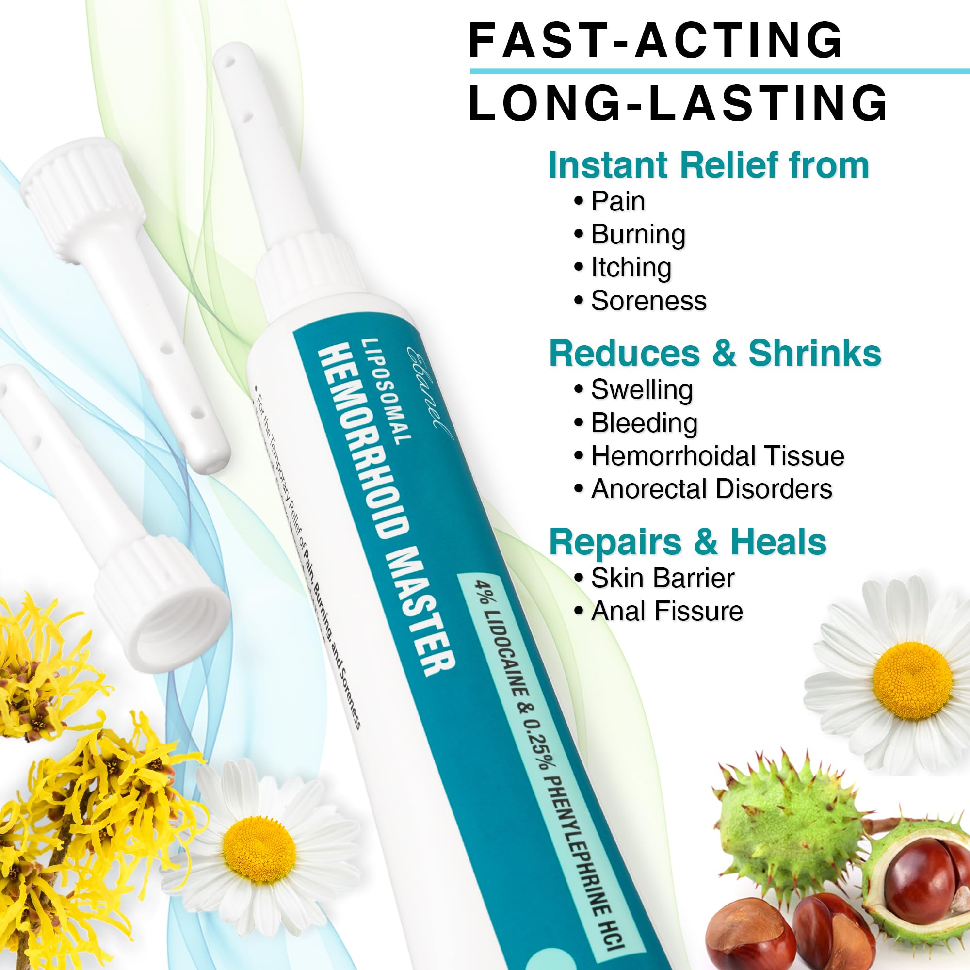 Ebanel 4% Lidocaine Hemorrhoid Treatment Ointment with Phenylephrine, Witch Hazel, Vitamin B6, Zinc Oxide, Frankincense, External and Internal Hemorrhoids Treatment Burn Itch Pain Relief Anal Cream - TrustMedUSA