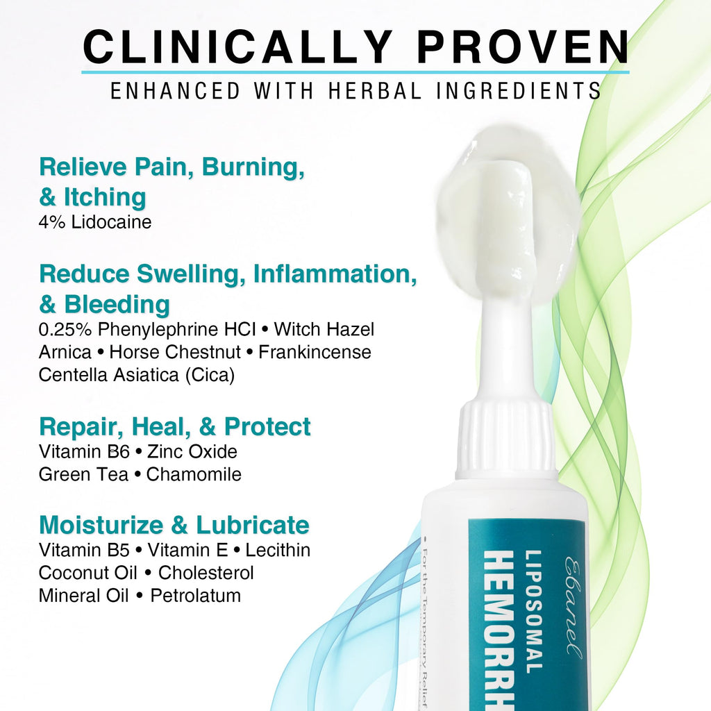 Ebanel 4% Lidocaine Hemorrhoid Treatment Ointment with Phenylephrine, Witch Hazel, Vitamin B6, Zinc Oxide, Frankincense, External and Internal Hemorrhoids Treatment Burn Itch Pain Relief Anal Cream - TrustMedUSA