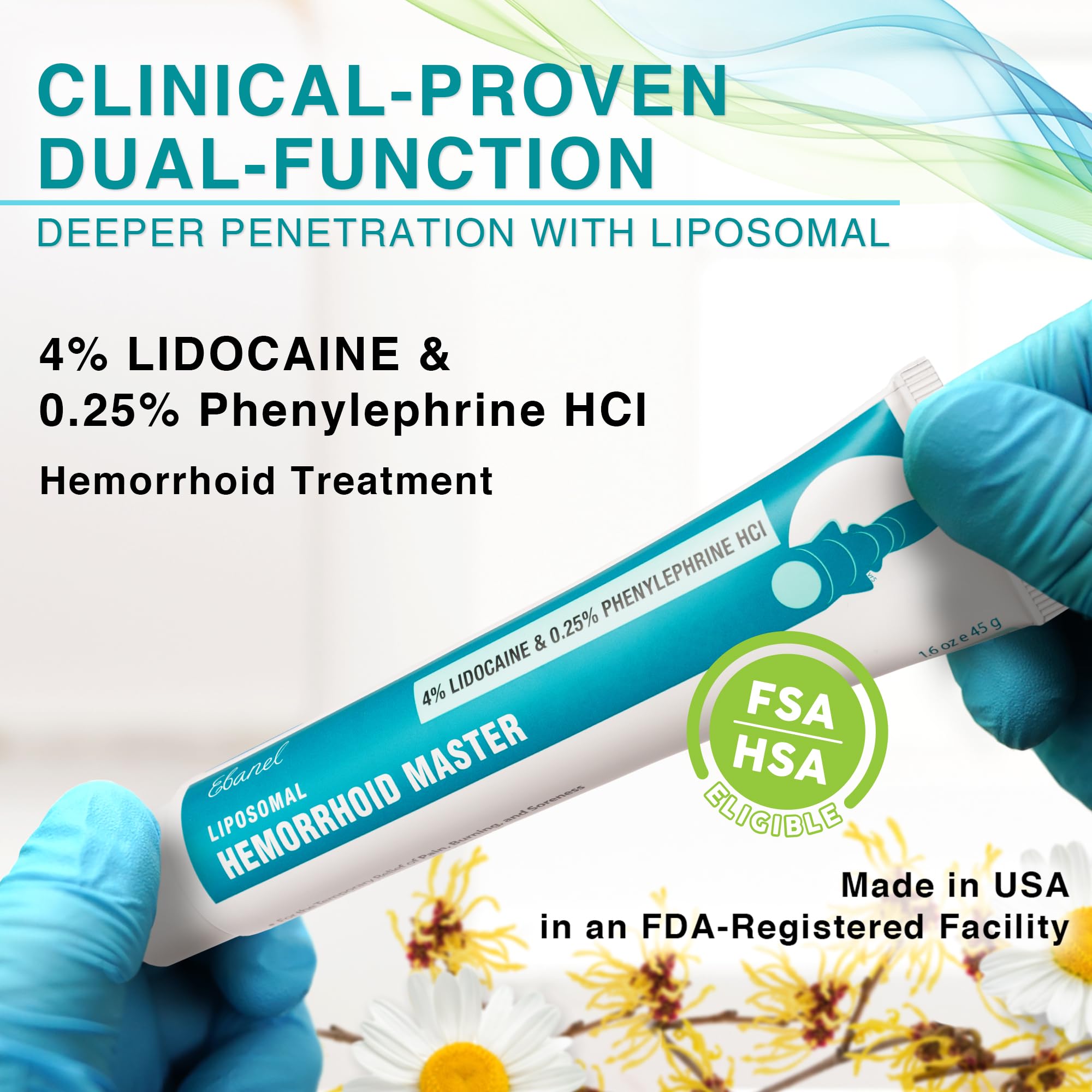 Ebanel 4% Lidocaine Hemorrhoid Treatment Ointment with Phenylephrine, Witch Hazel, Vitamin B6, Zinc Oxide, Frankincense, External and Internal Hemorrhoids Treatment Burn Itch Pain Relief Anal Cream - TrustMedUSA
