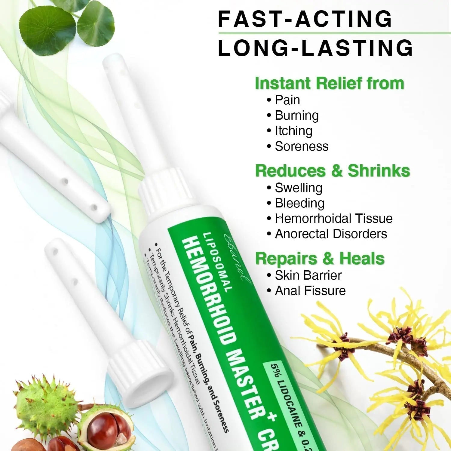Ebanel 5% Lidocaine Hemorrhoid Treatment Cream with Witch Hazel, Phenylephrine, Horse Chestnut, Vitamin B6, Zinc Oxide, External and Internal Hemorrhoids Treatment Burn Itch Pain Relief Anal Cream - TrustMedUSA