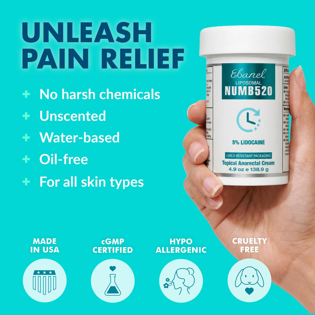 Ebanel 5% Lidocaine Numbing Cream, Pain Relief Burn Itch Cream, Maximum Strength Topical Anesthetic with Allantoin, Vitamin E for Local and Anorectal Uses, Hemorrhoid Treatment, 4.9 Oz - Maple Wellness Supplements