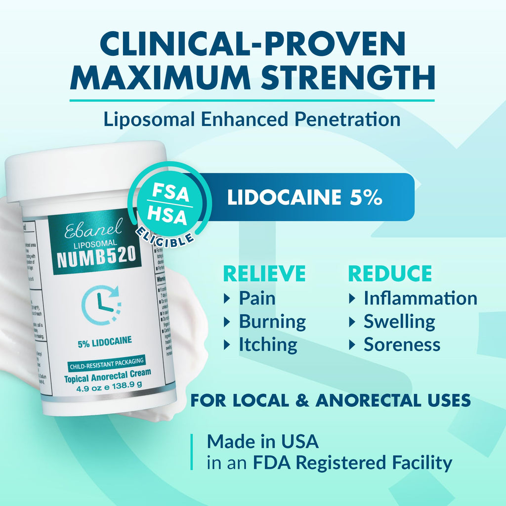 Ebanel 5% Lidocaine Numbing Cream, Pain Relief Burn Itch Cream, Maximum Strength Topical Anesthetic with Allantoin, Vitamin E for Local and Anorectal Uses, Hemorrhoid Treatment, 4.9 Oz - Maple Wellness Supplements