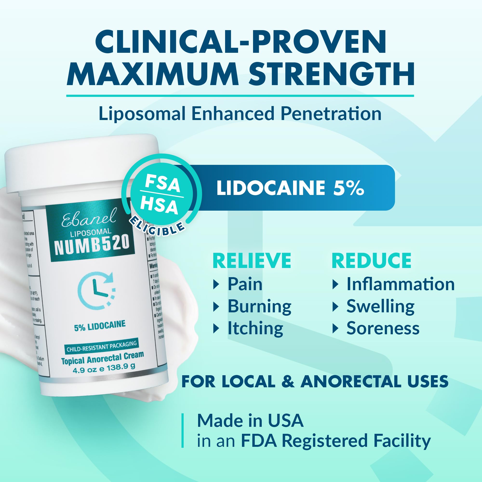 Ebanel 5% Lidocaine Numbing Cream, Pain Relief Burn Itch Cream, Maximum Strength Topical Anesthetic with Allantoin, Vitamin E for Local and Anorectal Uses, Hemorrhoid Treatment, 4.9 Oz - Maple Wellness Supplements