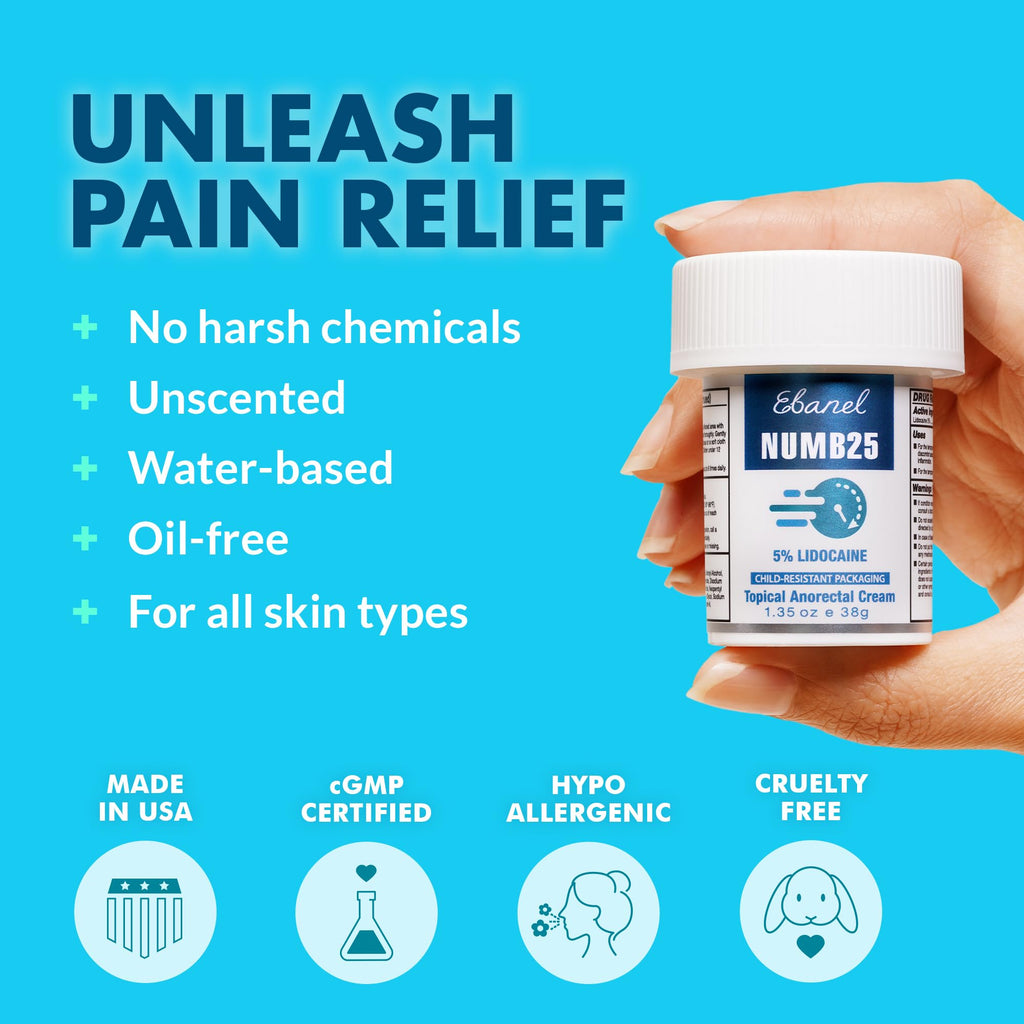 Ebanel 5% Lidocaine Numbing Cream, Pain Relief Burn Itch Numb Cream, Maximum Strength Numb25 Topical Anesthetic with Allantoin, Vitamin E for Local and Anorectal Uses, Hemorrhoid Treatment, 1.35 Oz - TrustMedUSA