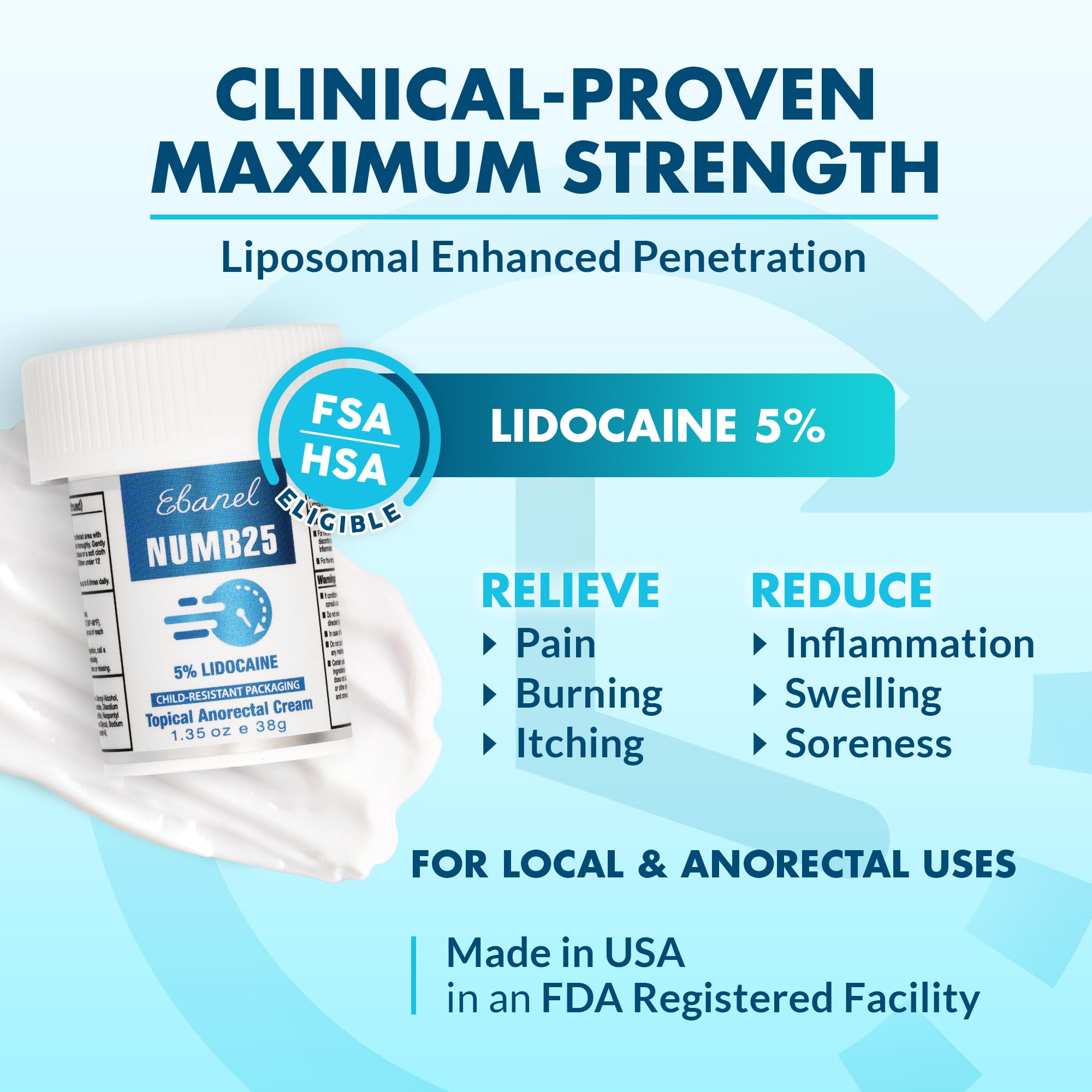 Ebanel 5% Lidocaine Numbing Cream, Pain Relief Burn Itch Numb Cream, Maximum Strength Numb25 Topical Anesthetic with Allantoin, Vitamin E for Local and Anorectal Uses, Hemorrhoid Treatment, 1.35 Oz - TrustMedUSA