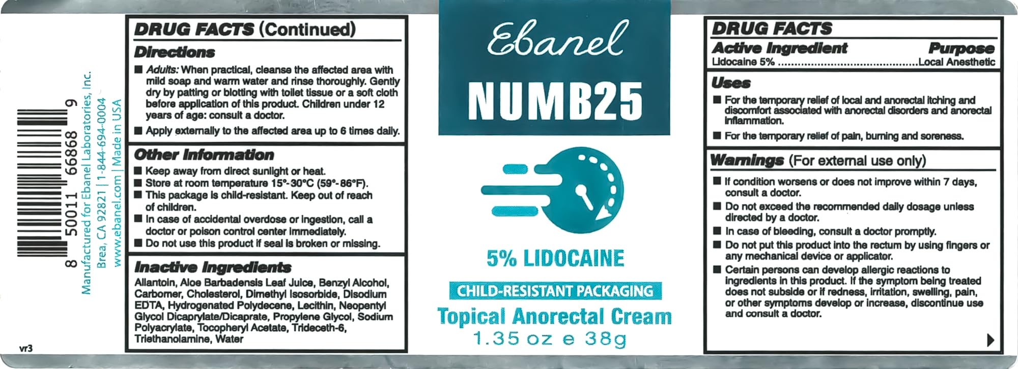 Ebanel 5% Lidocaine Numbing Cream, Pain Relief Burn Itch Numb Cream, Maximum Strength Numb25 Topical Anesthetic with Allantoin, Vitamin E for Local and Anorectal Uses, Hemorrhoid Treatment, 1.35 Oz - TrustMedUSA
