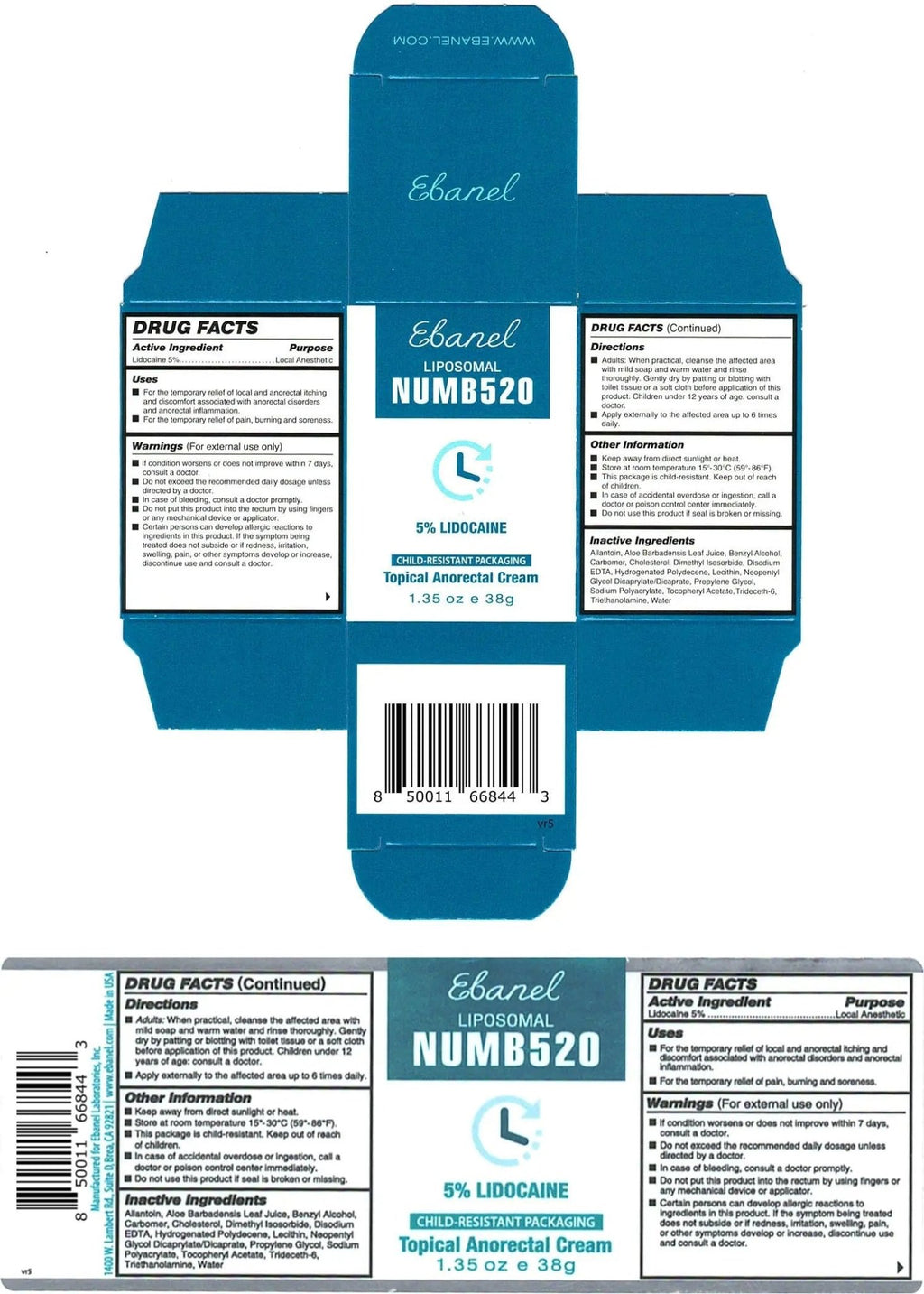 Ebanel 5% Lidocaine Numbing Cream, Pain Relief Burn Itch Numb Cream, Maximum Strength Topical Anesthetic with Allantoin, Vitamin E for Local and Anorectal Uses, Hemorrhoid Treatment, 1.35 Oz - TrustMedUSA