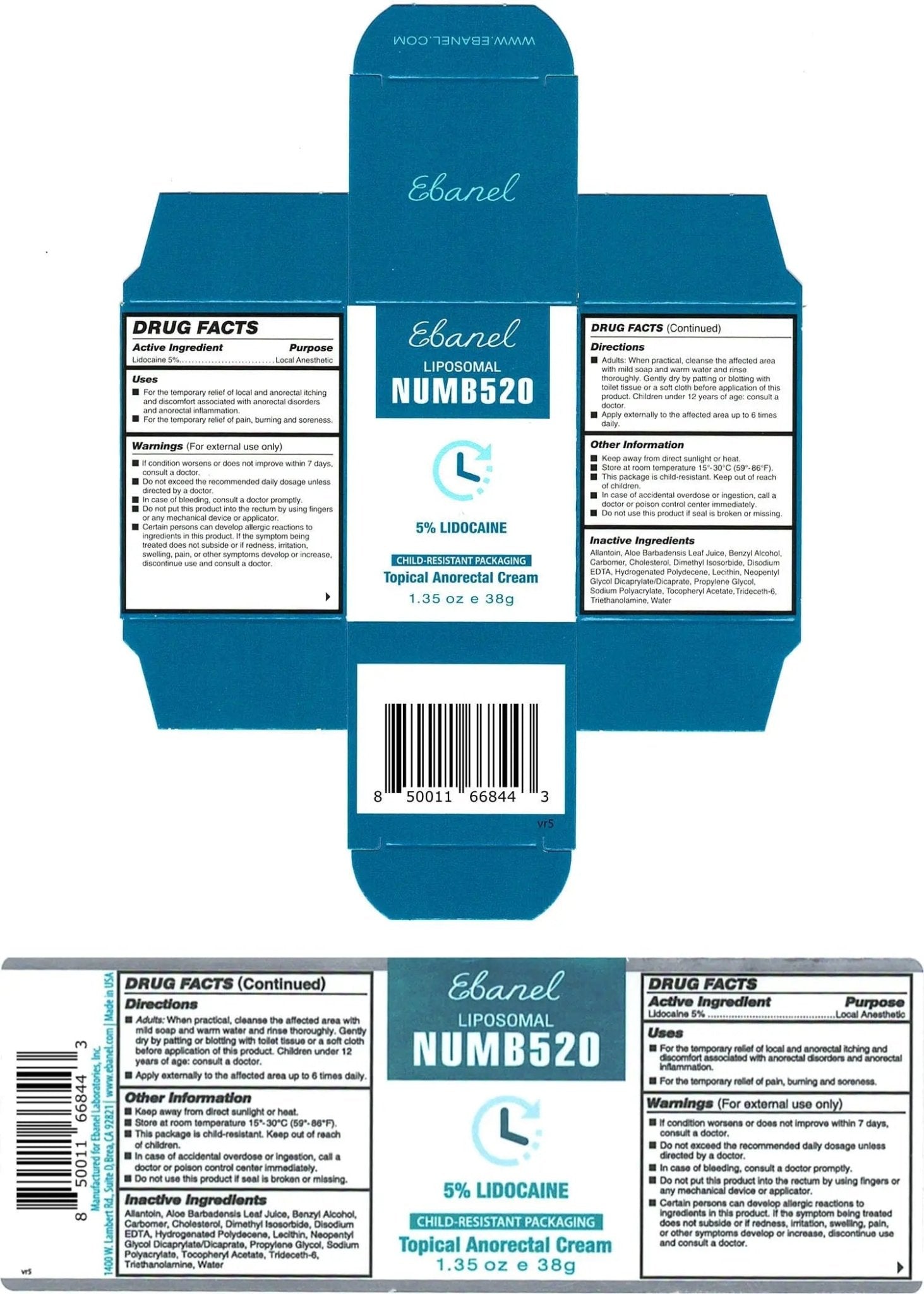 Ebanel 5% Lidocaine Numbing Cream, Pain Relief Burn Itch Numb Cream, Maximum Strength Topical Anesthetic with Allantoin, Vitamin E for Local and Anorectal Uses, Hemorrhoid Treatment, 1.35 Oz - TrustMedUSA