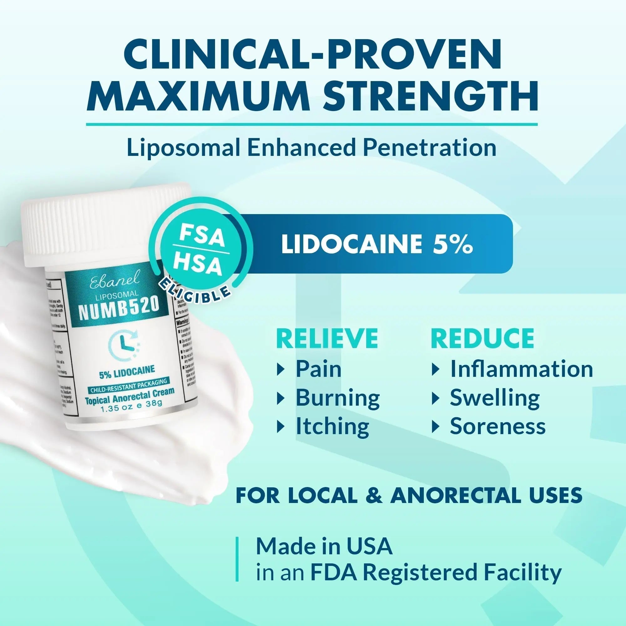 Ebanel 5% Lidocaine Numbing Cream, Pain Relief Burn Itch Numb Cream, Maximum Strength Topical Anesthetic with Allantoin, Vitamin E for Local and Anorectal Uses, Hemorrhoid Treatment, 1.35 Oz - TrustMedUSA
