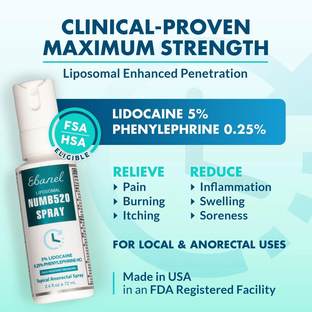Ebanel 5% Lidocaine Spray Pain Relief Numb520 Burn Itch Relief Numbing Spray for Skin, Topical Anesthetic Postpartum Hemorrhoid Treatment with Phenylephrine for Local and Anorectal Uses - TrustMedUSA
