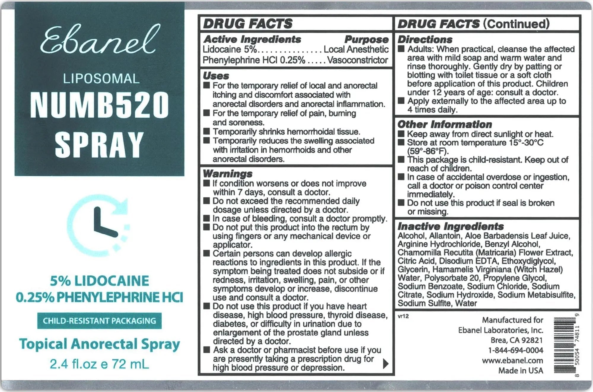 Ebanel 5% Lidocaine Spray Pain Relief Numb520 Burn Itch Relief Numbing Spray for Skin, Topical Anesthetic Postpartum Hemorrhoid Treatment with Phenylephrine for Local and Anorectal Uses - TrustMedUSA