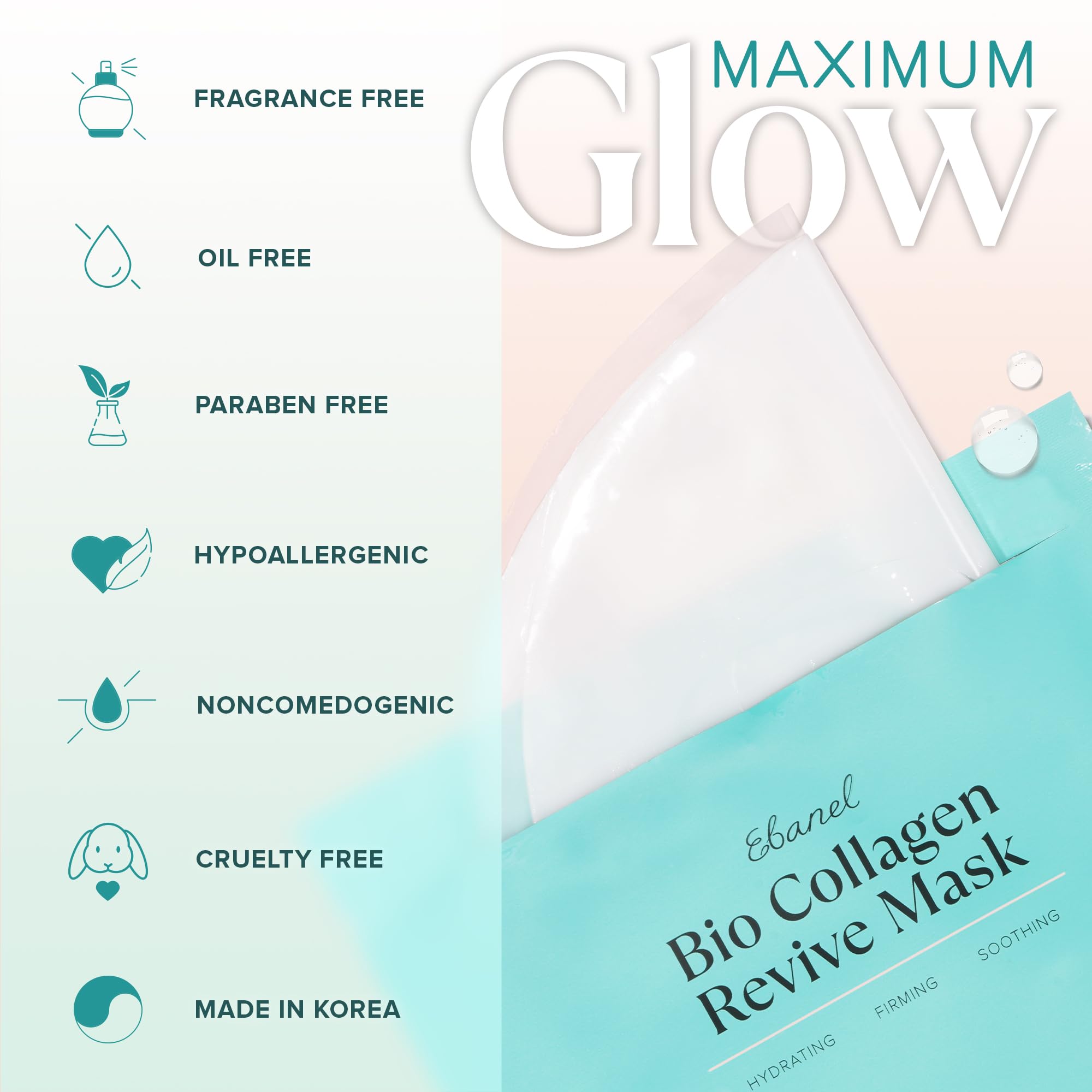 Ebanel Bio Collagen Face Mask, 4-Pack Hydrating Face Masks with 7 Peptides, Hyaluronic Acid, Niacinamide, Centella, Rose Water, Ceramide, and B5, Glass Skin Tightening and Lifting Korean Sheet Masks - Maple Wellness Supplements