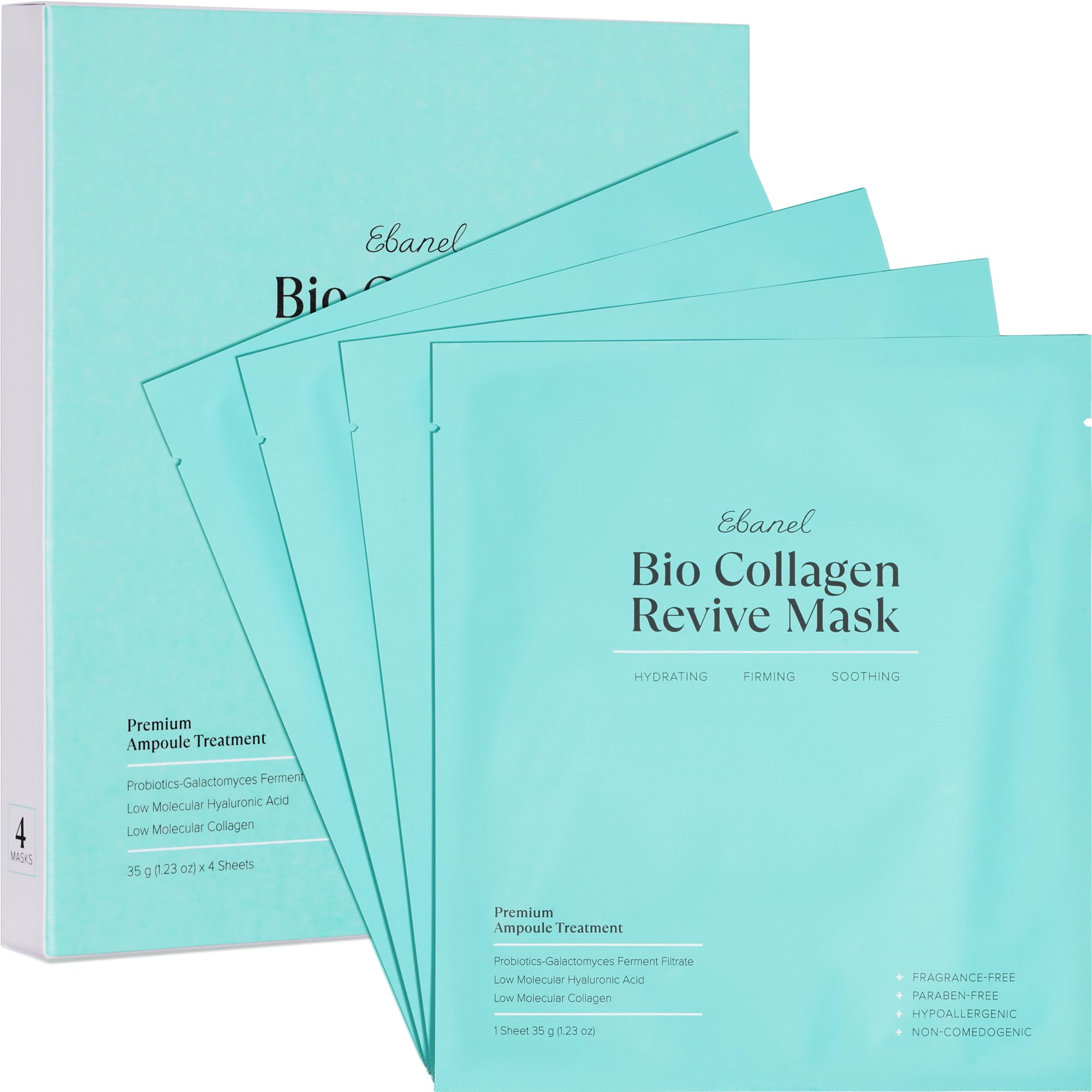 Ebanel Bio Collagen Face Mask, 4-Pack Hydrating Face Masks with 7 Peptides, Hyaluronic Acid, Niacinamide, Centella, Rose Water, Ceramide, and B5, Glass Skin Tightening and Lifting Korean Sheet Masks - Maple Wellness Supplements
