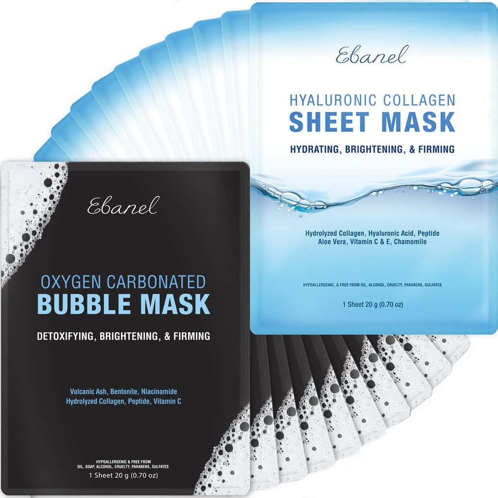 Ebanel Bundle of 15-Pack Collagen Face Mask, and 10-Pack Carbonated Bubble Clay Mask - Maple Wellness Supplements