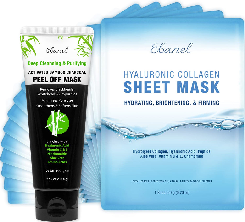 Ebanel Bundle of 15-Pack Collagen Face Mask, and Charcoal Peel Off Face Mask - Maple Wellness Supplements