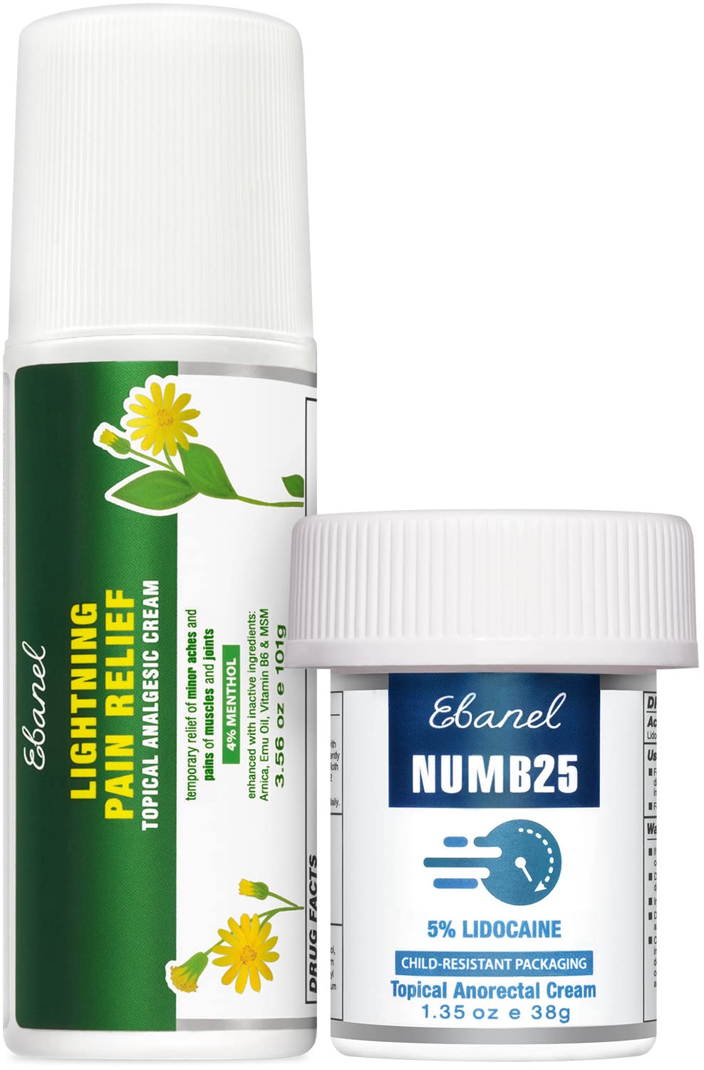Ebanel Bundle of Numb25 Lidocaine 5% Topical Numbing Cream 1 Oz, and Pain Relief Roll On Arnica Menthol 3 Oz - Maple Wellness Supplements