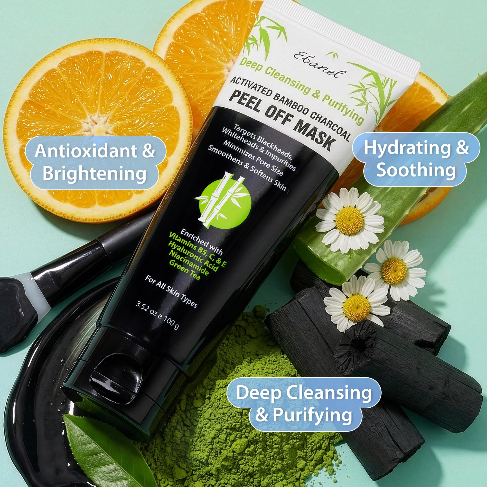 Ebanel Charcoal Peel Off Face Mask Applicator Set, Deep Pore Cleansing Minimizer Blackhead Remover with Niacinamide, Hyaluronic Acid, Vitamin C, Green Tea, Deep Cleanse Black Masks Peel Off Gel Mask - Maple Wellness Supplements
