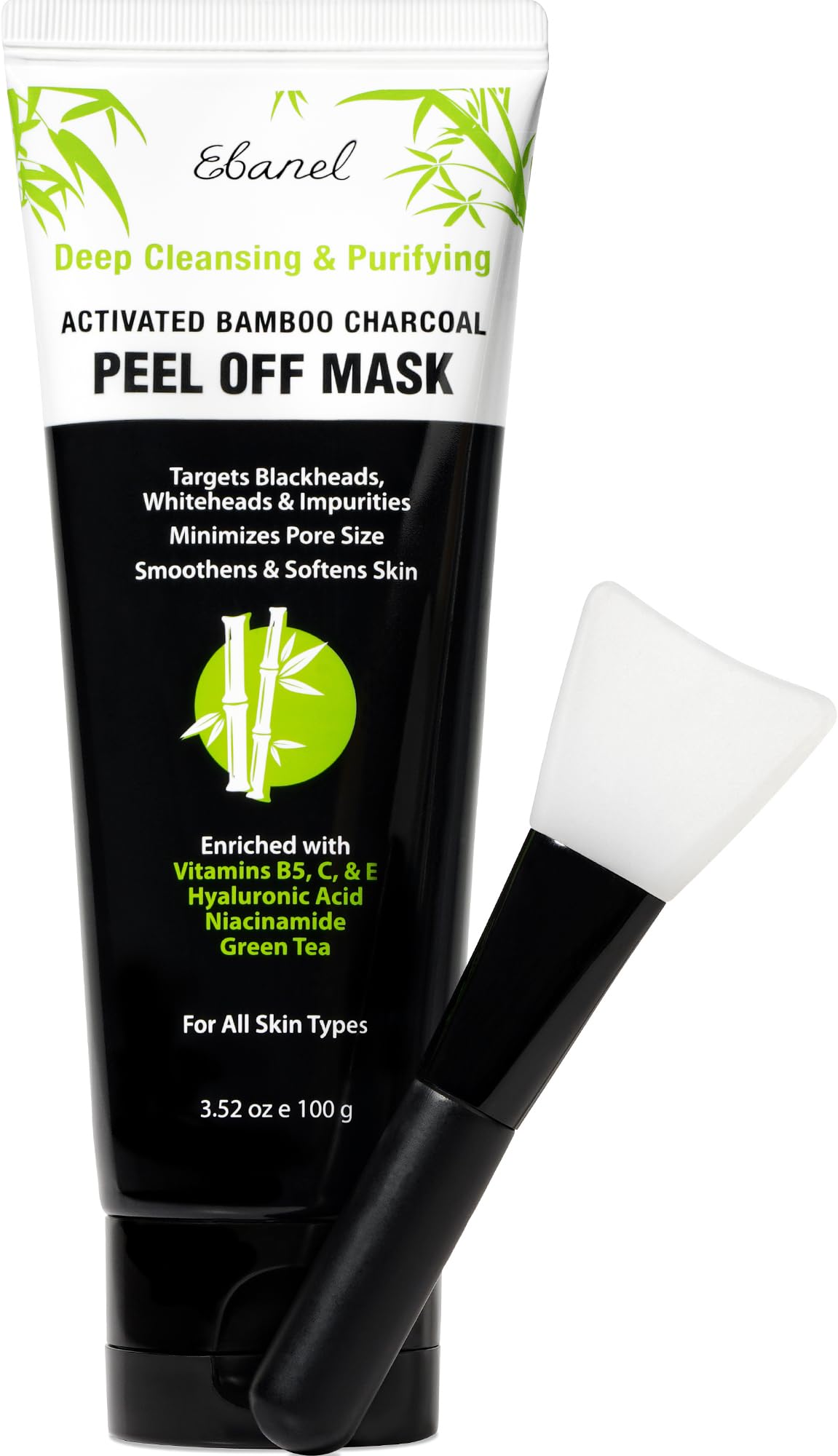 Ebanel Charcoal Peel Off Face Mask Applicator Set, Deep Pore Cleansing Minimizer Blackhead Remover with Niacinamide, Hyaluronic Acid, Vitamin C, Green Tea, Deep Cleanse Black Masks Peel Off Gel Mask - Maple Wellness Supplements