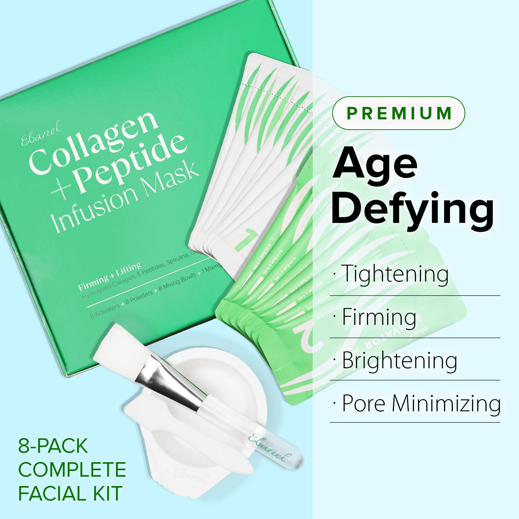 Ebanel Collagen Peptides Wash-Off Face Mask Set, 8 Pack Instant Skin Tightening and Lifting Masks, Brightening Face Mask with Niacinamide, Glutathione, Hyaluronic Acid, Vitamin C, Cica, B5, Albumen - Maple Wellness Supplements
