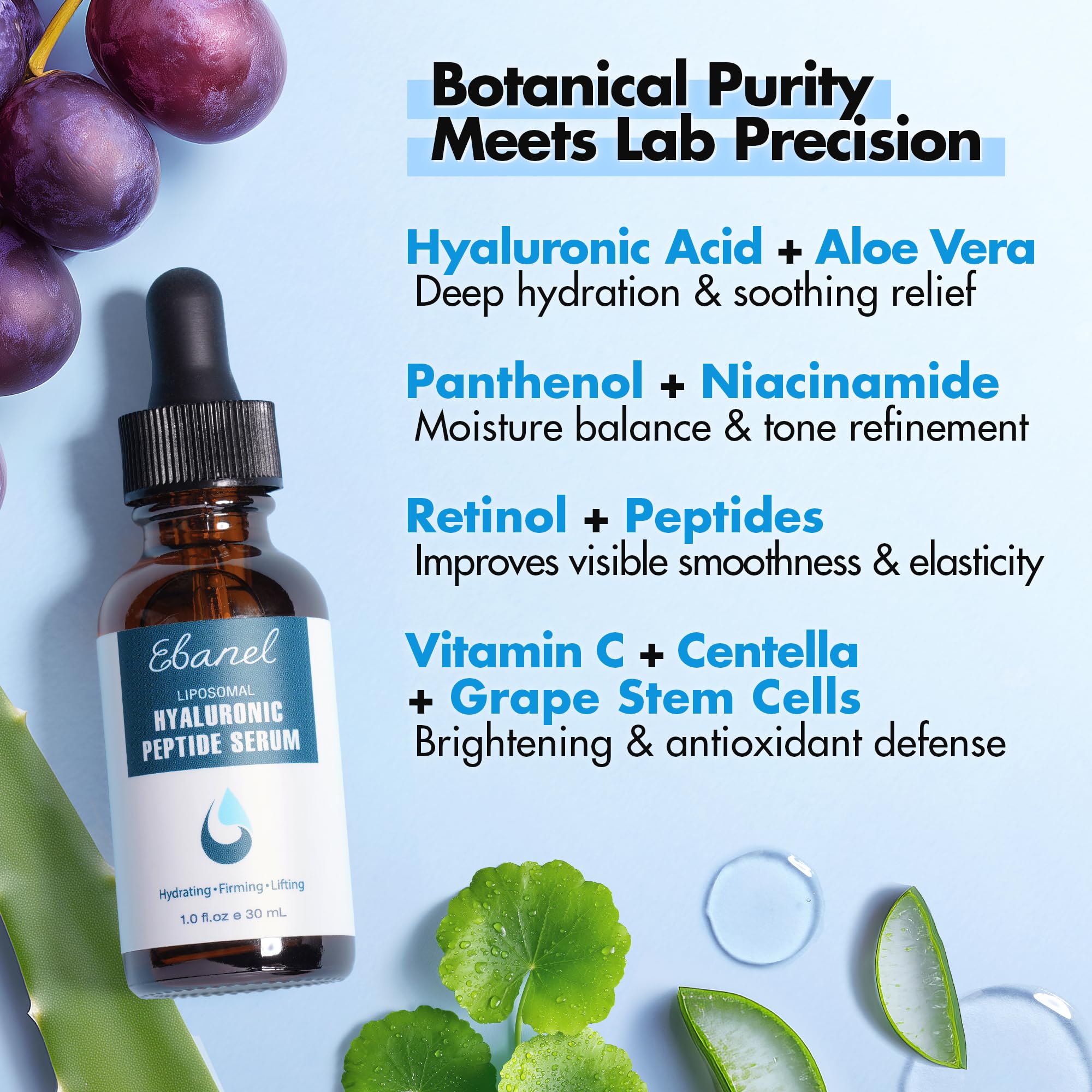Ebanel Hyaluronic Acid Serum for Face with Peptides & Niacinamide, Hydrating Face Serum for Women, Age-Defying Formula Infused with Vitamins B, C & E to Plump, Firm & Smooth Skin - Maple Wellness Supplements