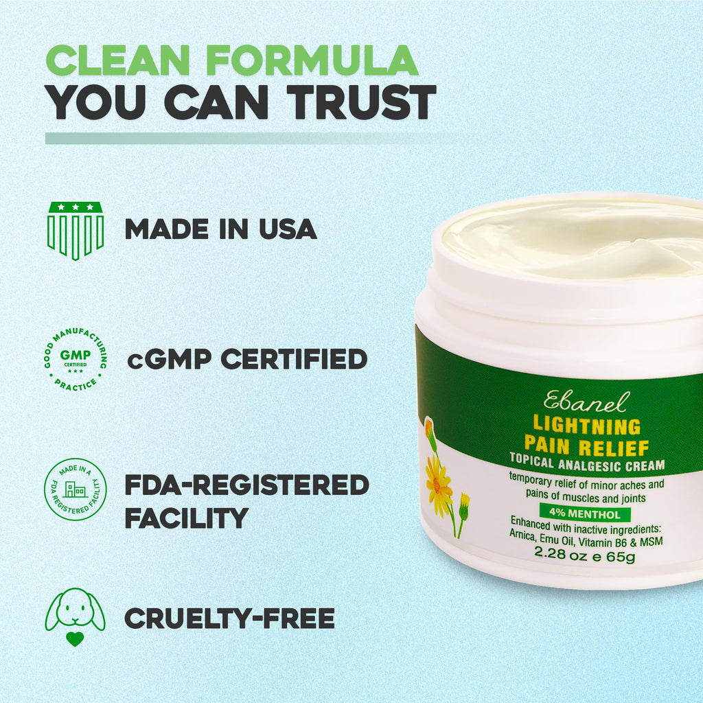 Ebanel Pain Relief Cream for Arthritis, Back, Joint, Foot, Neck, Strains & Sprains with Menthol, Camphor, Arnica, Emu Oil, MSM, Boswellia, Soothing Muscle Pain Relief Cream - Maple Wellness Supplements