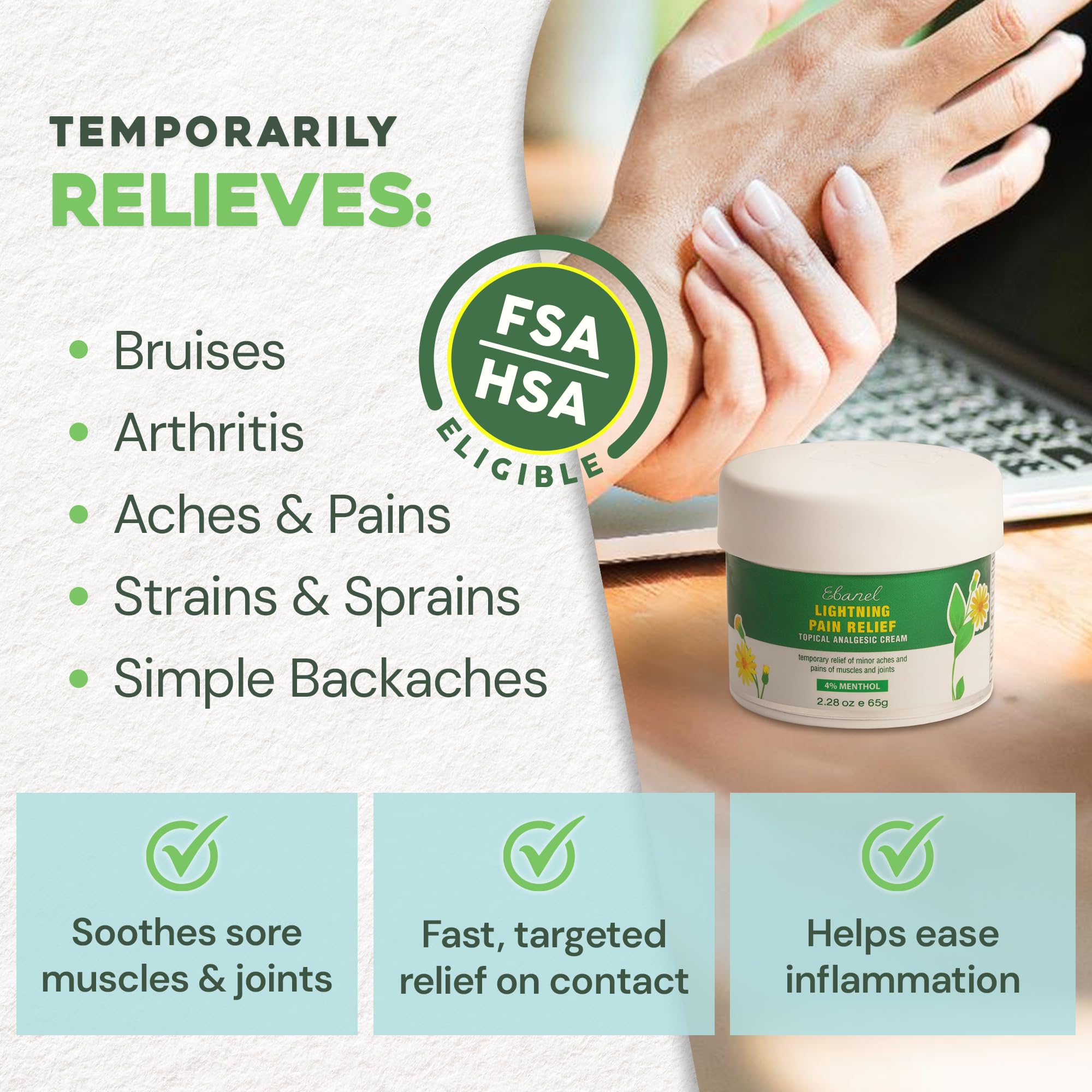 Ebanel Pain Relief Cream for Arthritis, Back, Joint, Foot, Neck, Strains & Sprains with Menthol, Camphor, Arnica, Emu Oil, MSM, Boswellia, Soothing Muscle Pain Relief Cream - Maple Wellness Supplements