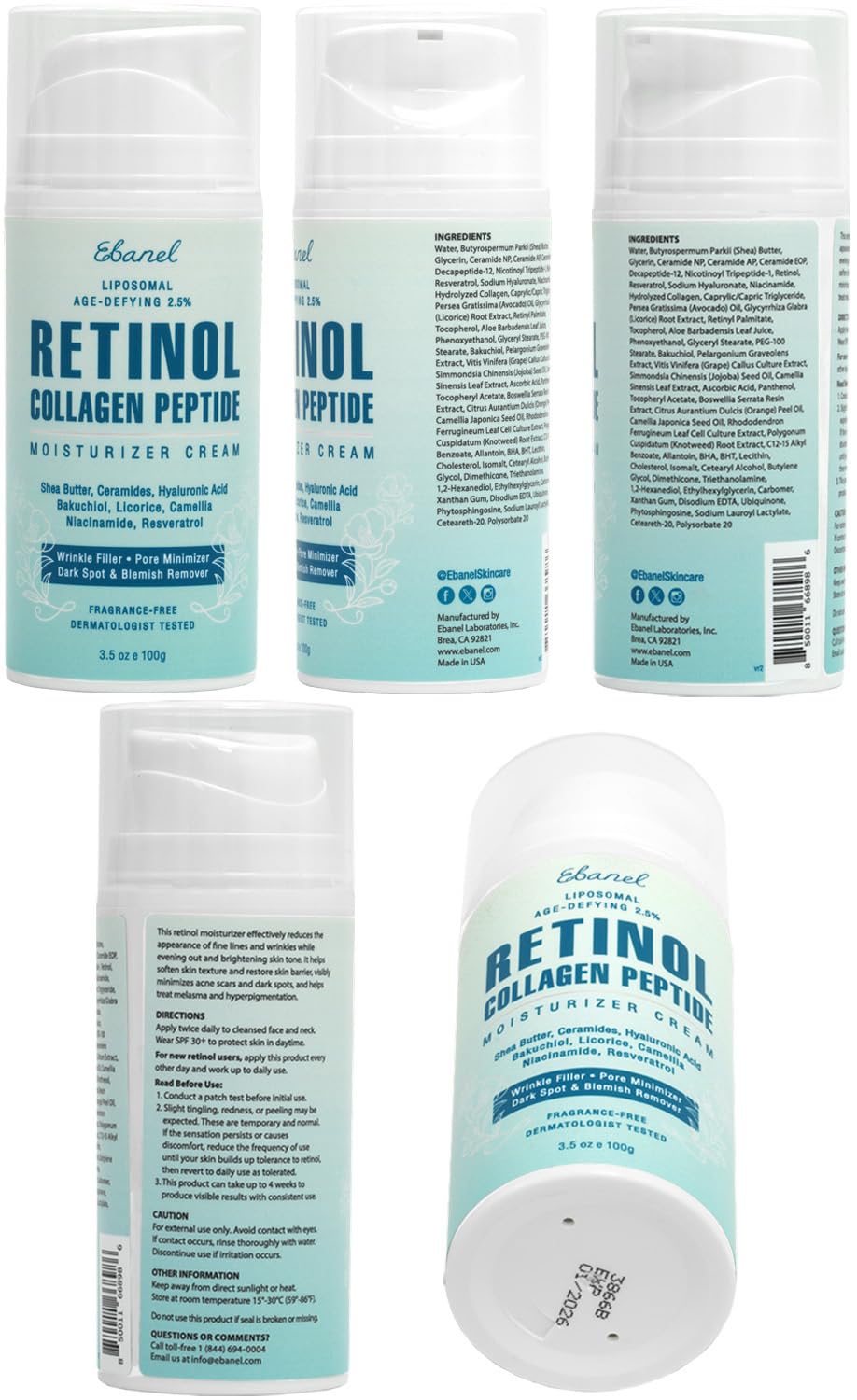 Ebanel Retinol Cream for Face 3.5 oz, Moisturizer with Collagen, Peptides, Ceramides, Hyaluronic Acid, Vitamin C & B5, Firming Anti Aging Face Cream for Wrinkles, Fine Lines, Dark Spots, Day & Night - Maple Wellness Supplements
