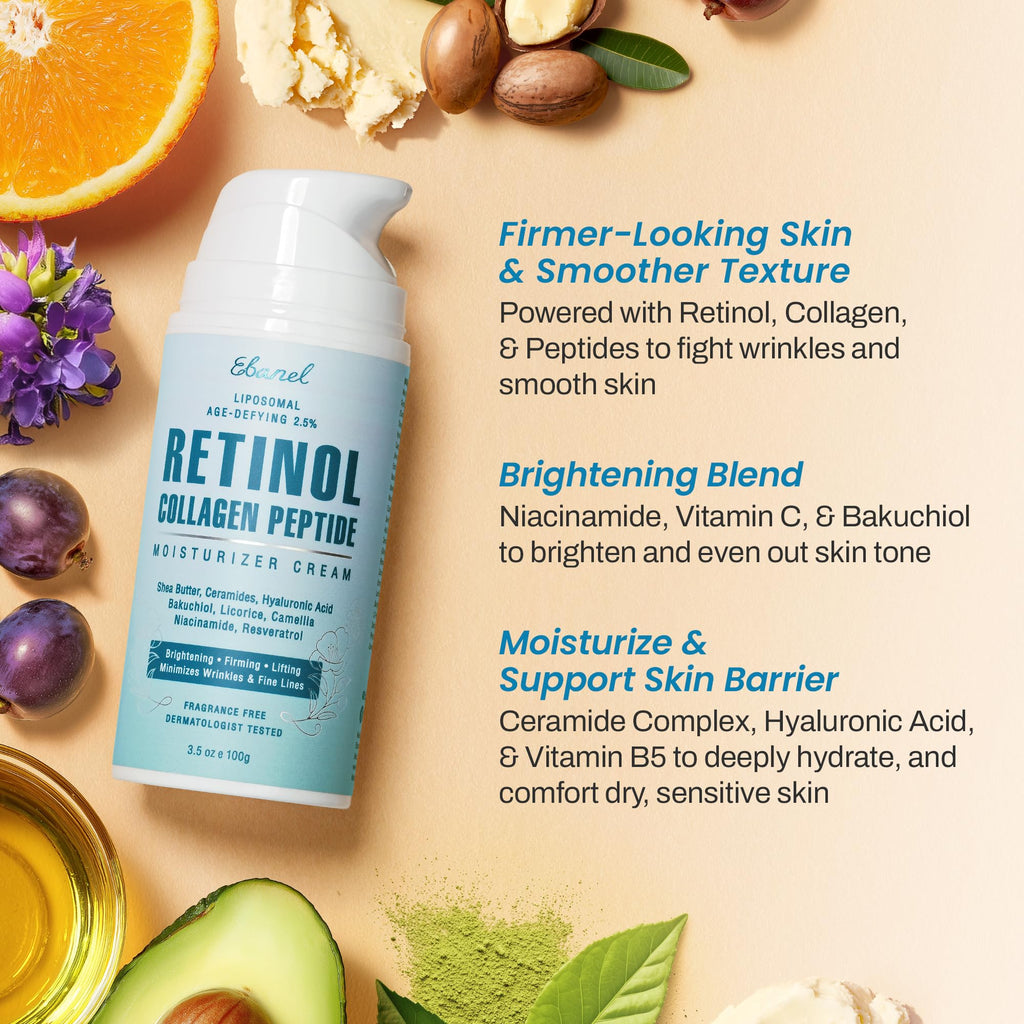 Ebanel Retinol Cream for Face 3.5 oz, Moisturizer with Collagen, Peptides, Ceramides, Hyaluronic Acid, Vitamin C & B5, Firming Anti Aging Face Cream for Wrinkles, Fine Lines, Dark Spots, Day & Night - Maple Wellness Supplements