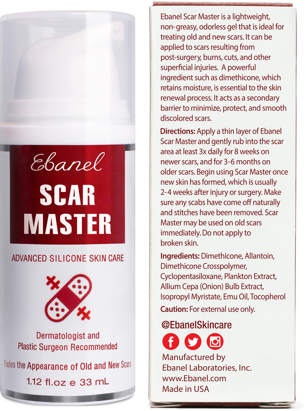 Ebanel Silicone Scar Gel with Allantoin, Emu Oil, Vitamin E and Onion Extract, For Old & New Scars from Surgeries, C-Section, Injuries, Burns & More - Maple Wellness Supplements