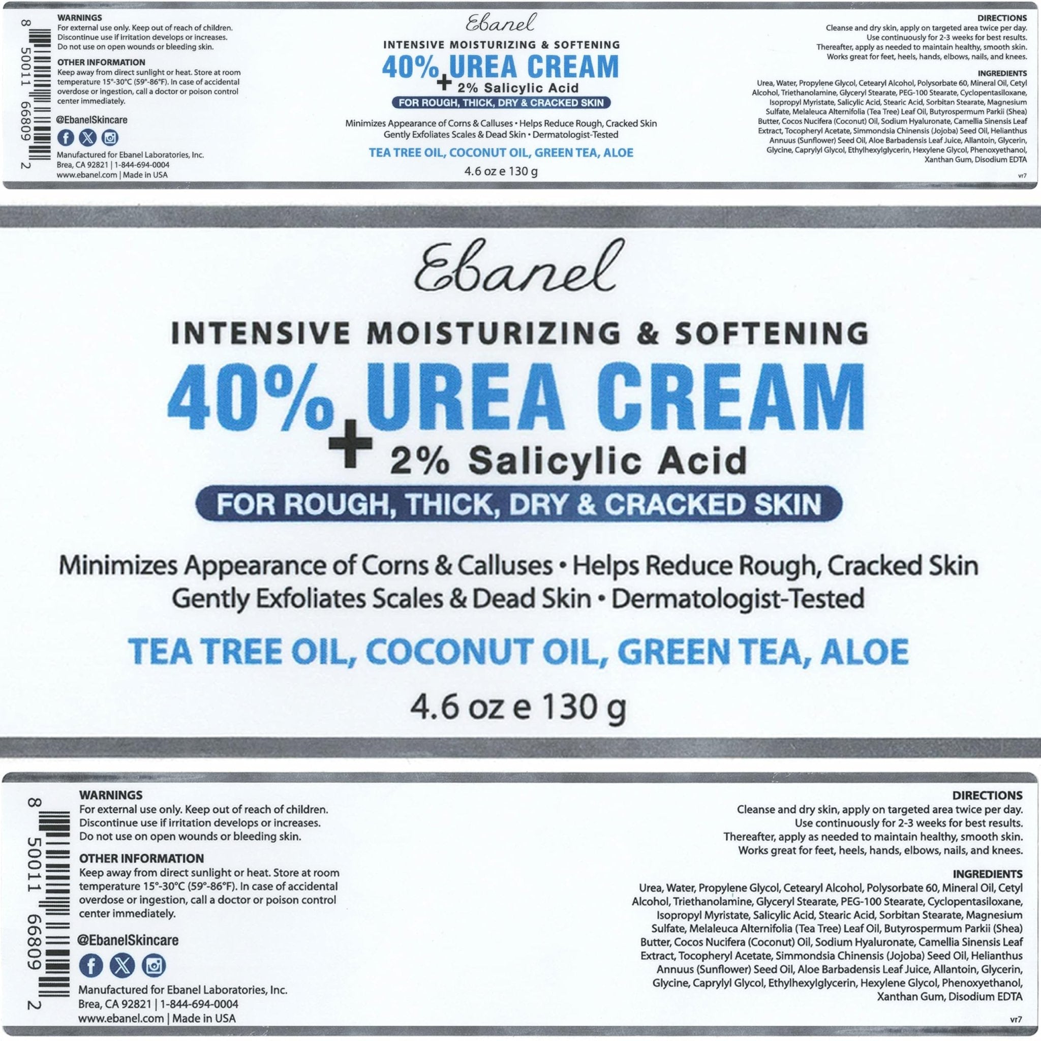 Ebanel Urea Cream 40% plus Salicylic Acid 2%, Foot Cream for Dry Cracked Heels Feet Knees Elbows Hands, Foot Dead Skin Cuticle Callus Remover Toenail Softener, Keratolytic Skin Barrier Repair - Maple Wellness Supplements