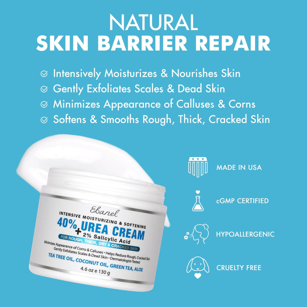 Ebanel Urea Cream 40% plus Salicylic Acid 2%, Foot Cream for Dry Cracked Heels Feet Knees Elbows Hands, Foot Dead Skin Cuticle Callus Remover Toenail Softener, Keratolytic Skin Barrier Repair, 2-Pack - Maple Wellness Supplements