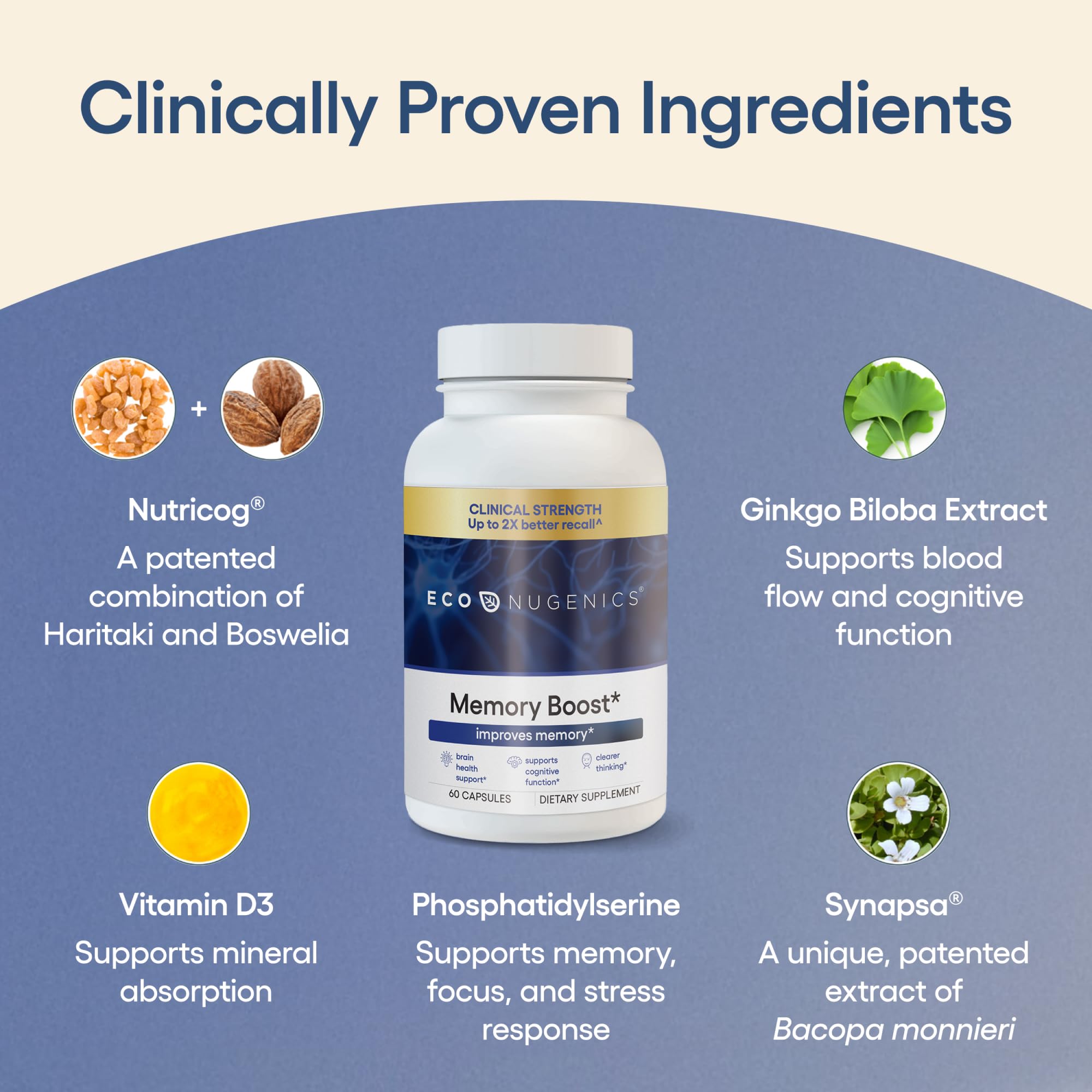 EcoNugenics Memory Boost Supplement – Clinically Studied Ingredients to Support Brain Focus & Health – Nootropic Formula with Bacopa Monnieri, Boswellia Serrata - TrustMedUSA