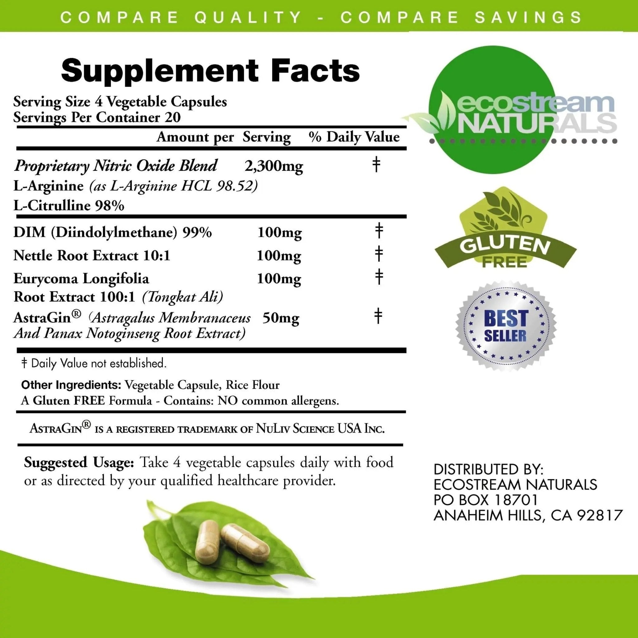 ecostream Naturals MAX 2650mg Nitric Oxide Booster L-Arginine - L-Citruline and Astragin - Time Release 2650 MAX Formula - TrustMedUSA