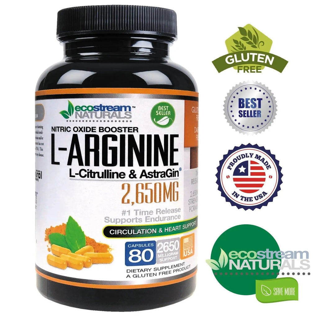 ecostream Naturals MAX 2650mg Nitric Oxide Booster L-Arginine - L-Citruline and Astragin - Time Release 2650 MAX Formula - TrustMedUSA