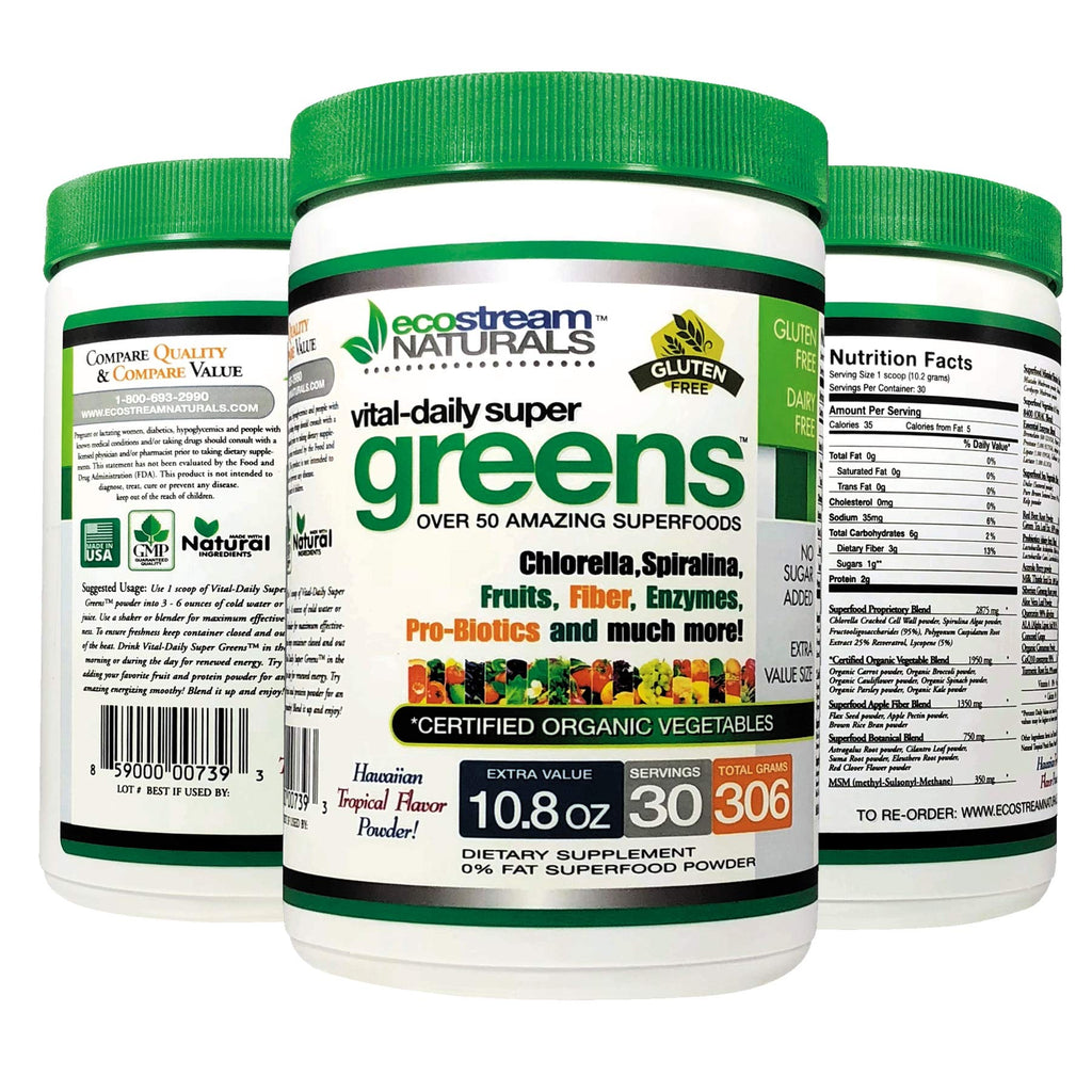 ecostream Naturals Vital First Daily Greens Superfood Powder 50 Whole Super Foods with Spirulina, Chlorella, Flax Seed, Fiber and Enzymes with Organic Greens - 30 Servings - TrustMedUSA