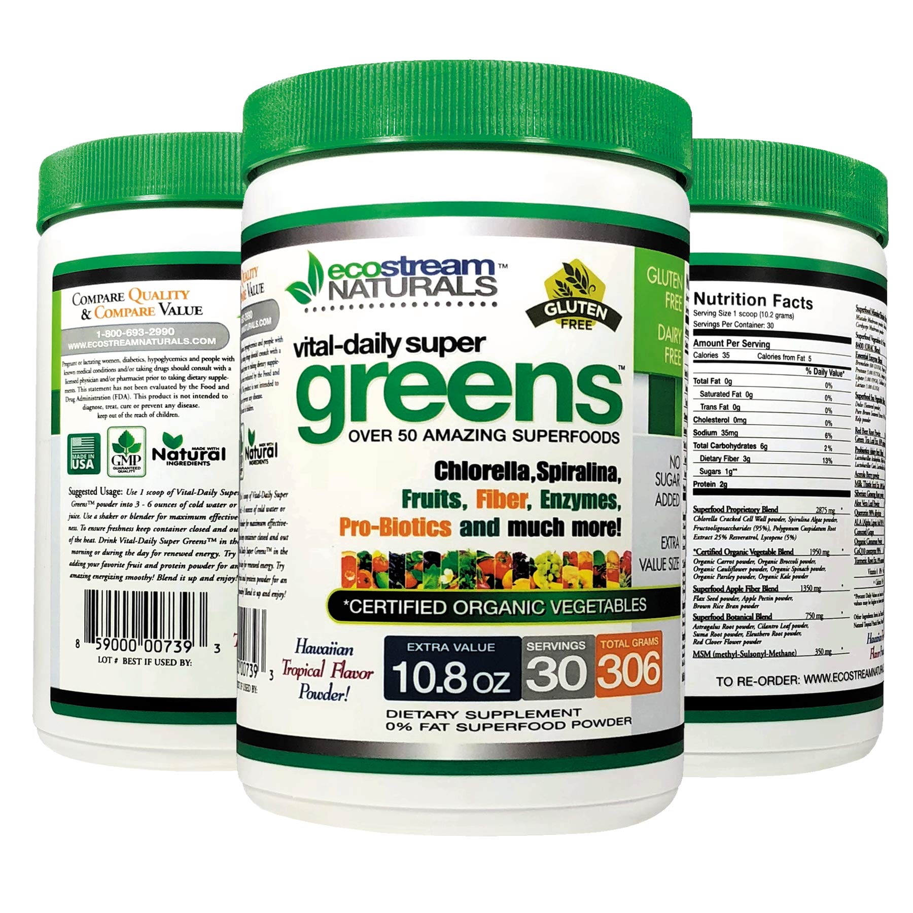 ecostream Naturals Vital First Daily Greens Superfood Powder 50 Whole Super Foods with Spirulina, Chlorella, Flax Seed, Fiber and Enzymes with Organic Greens - 30 Servings - TrustMedUSA