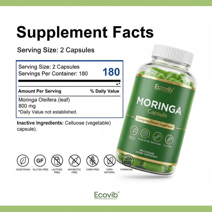 ECOVIB Moringa Capsules – 180 Vegan Capsules | Organic Superfood for Energy, Immunity & Detox - TrustMedUSA