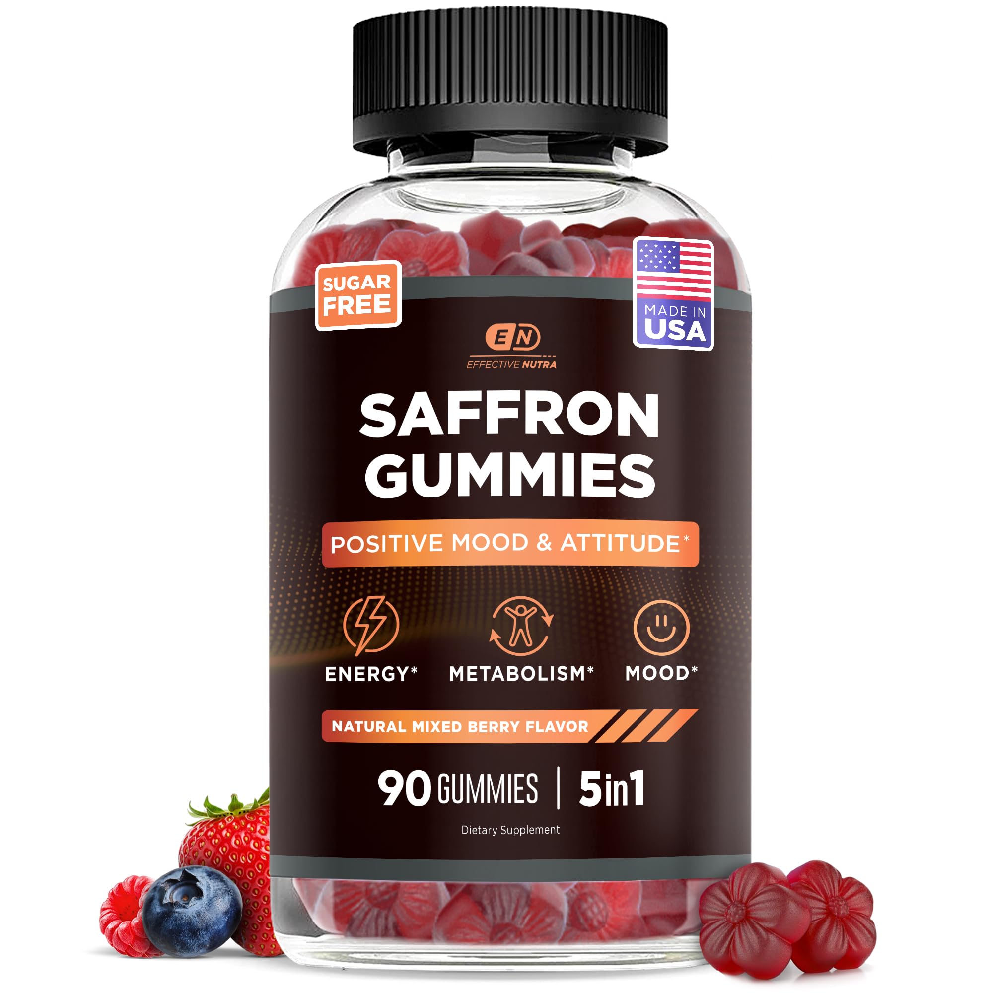 Effective Nutra Saffron Gummies for Adults 88.5mg - Mood Support & Stress Relief with GABA, Passion Flower - 5-in-1 Formula - Sugar-Free, Vegan, Non-GMO, Made in USA - 90 Count (45-Day Supply) - Maple Wellness Supplements