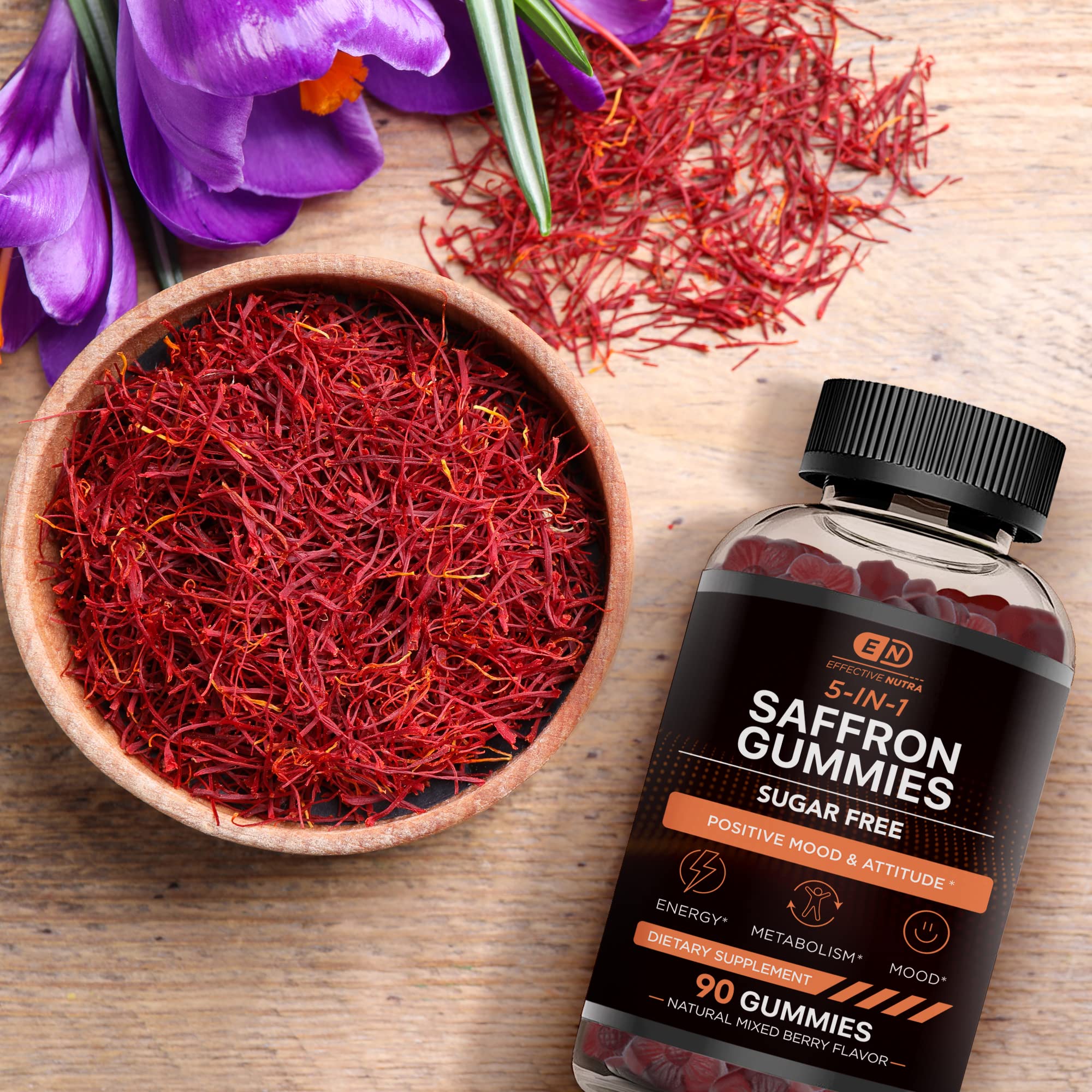 Effective Nutra Saffron Gummies for Adults 88.5mg - Mood Support & Stress Relief with GABA, Passion Flower - 5-in-1 Formula - Sugar-Free, Vegan, Non-GMO, Made in USA - 90 Count (45-Day Supply) - Maple Wellness Supplements