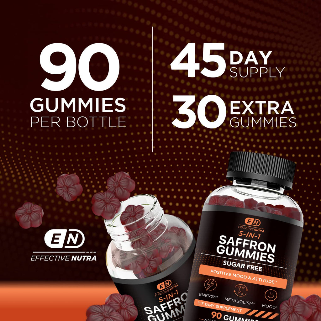Effective Nutra Saffron Gummies for Adults 88.5mg - Mood Support & Stress Relief with GABA, Passion Flower - 5-in-1 Formula - Sugar-Free, Vegan, Non-GMO, Made in USA - 90 Count (45-Day Supply) - Maple Wellness Supplements