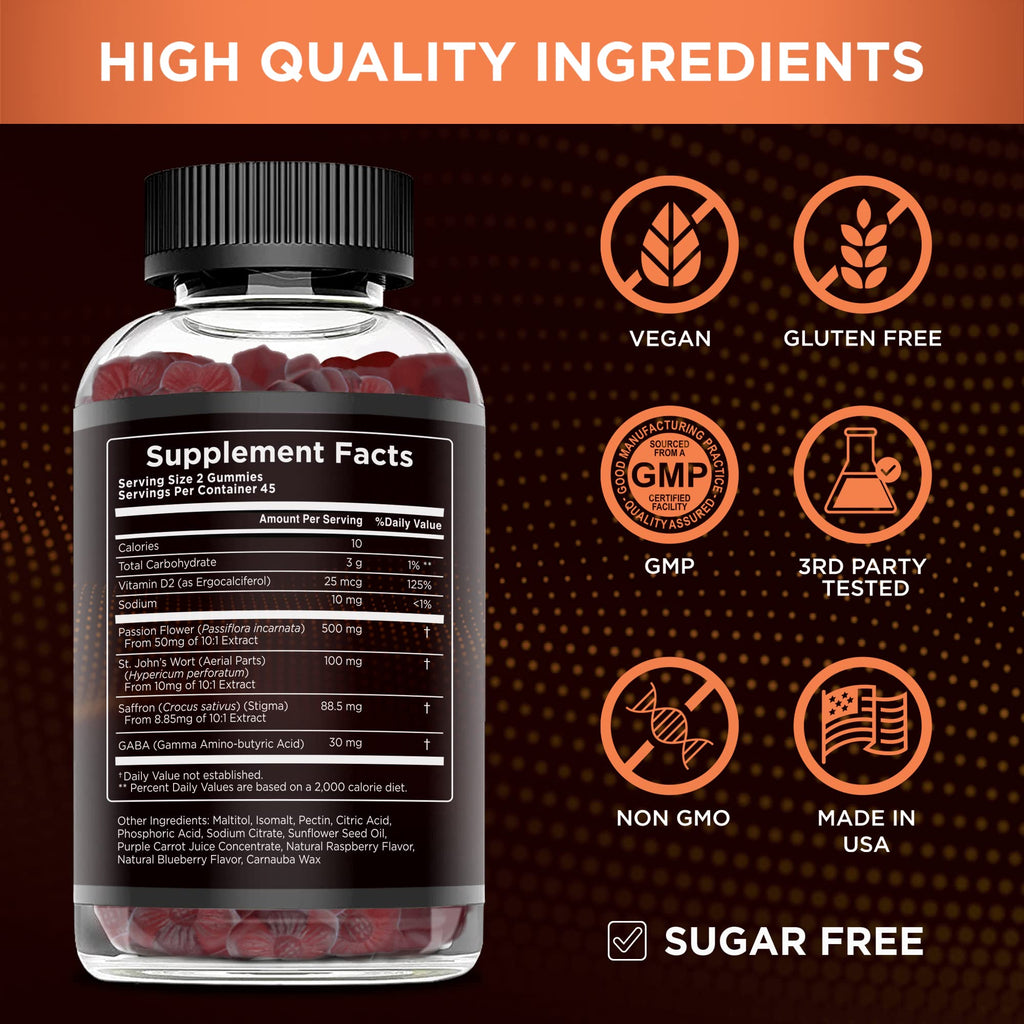 Effective Nutra Saffron Gummies for Adults 88.5mg - Mood Support & Stress Relief with GABA, Passion Flower - 5-in-1 Formula - Sugar-Free, Vegan, Non-GMO, Made in USA - 90 Count (45-Day Supply) - Maple Wellness Supplements