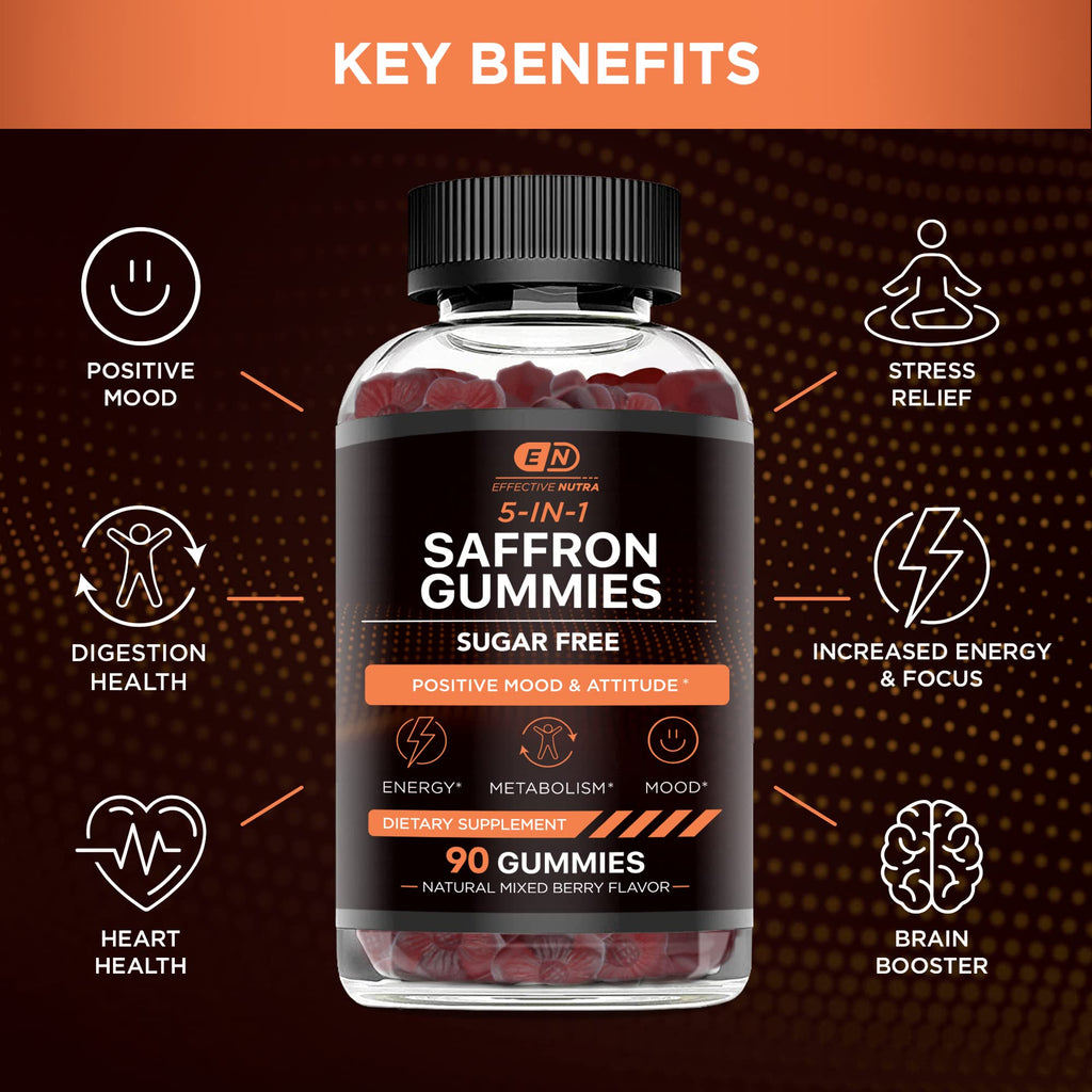 Effective Nutra Saffron Gummies for Adults 88.5mg - Mood Support & Stress Relief with GABA, Passion Flower - 5-in-1 Formula - Sugar-Free, Vegan, Non-GMO, Made in USA - 90 Count (45-Day Supply) - Maple Wellness Supplements
