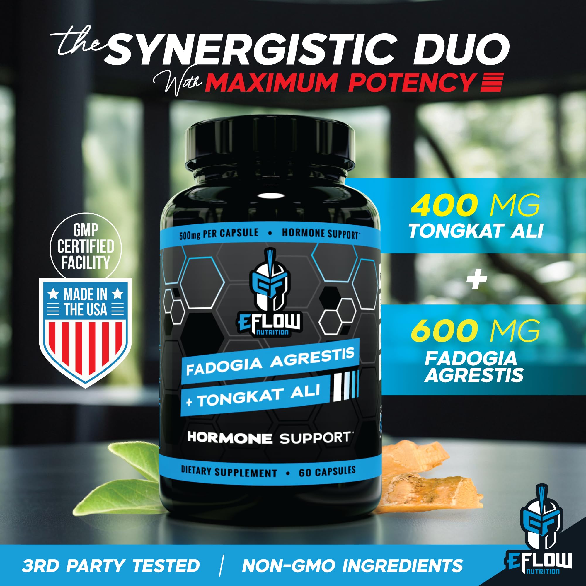 eFlow Nutrition Fadogia Agrestis + Tongkat Ali - [2-in-1] Natural Performance Supplement for Health and Wellness - Hormone, Energy, & Mood Support - Extract Powder (60 Capsules) - TrustMedUSA