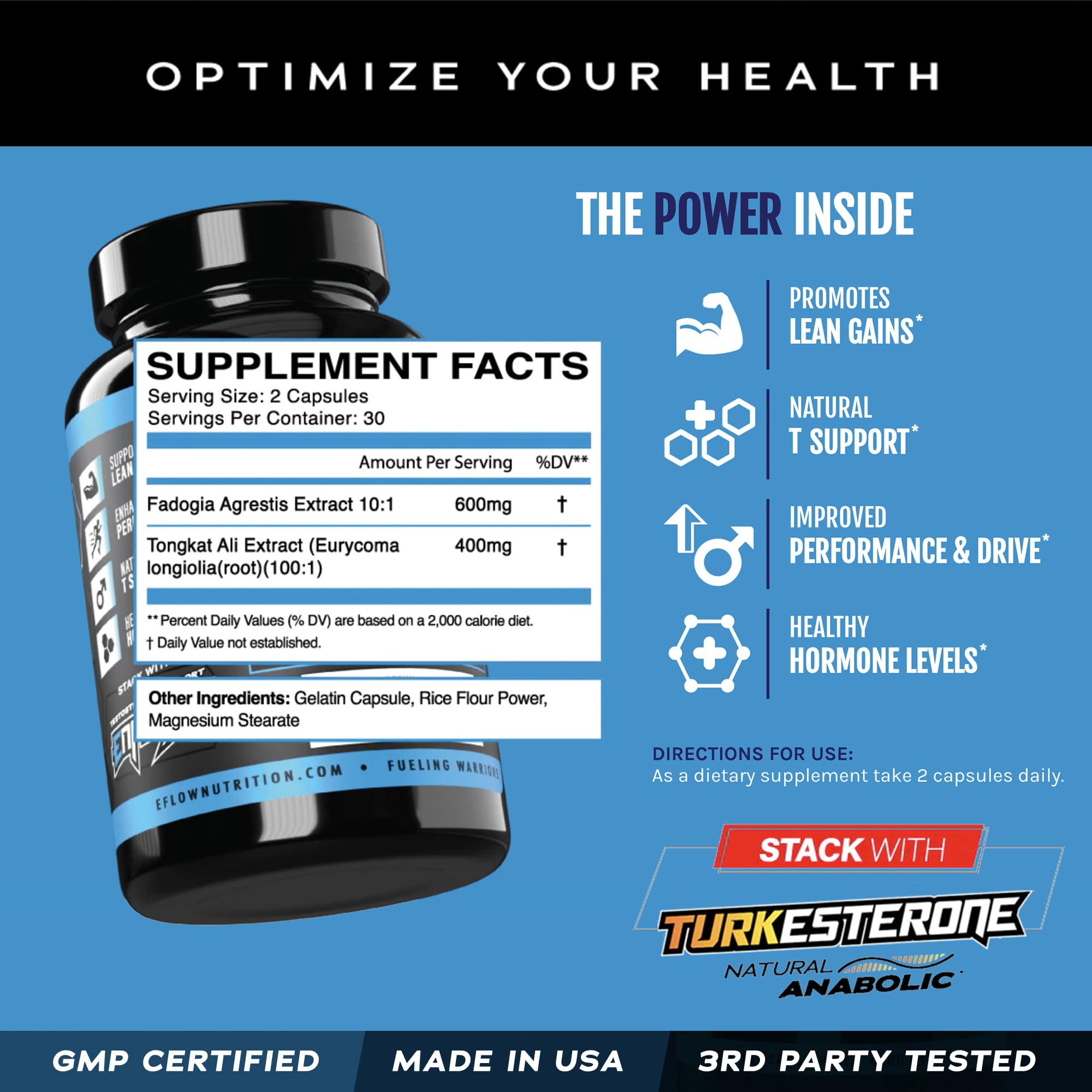 eFlow Nutrition Fadogia Agrestis + Tongkat Ali - [2-in-1] Natural Performance Supplement for Health and Wellness - Hormone, Energy, & Mood Support - Extract Powder (60 Capsules) - TrustMedUSA