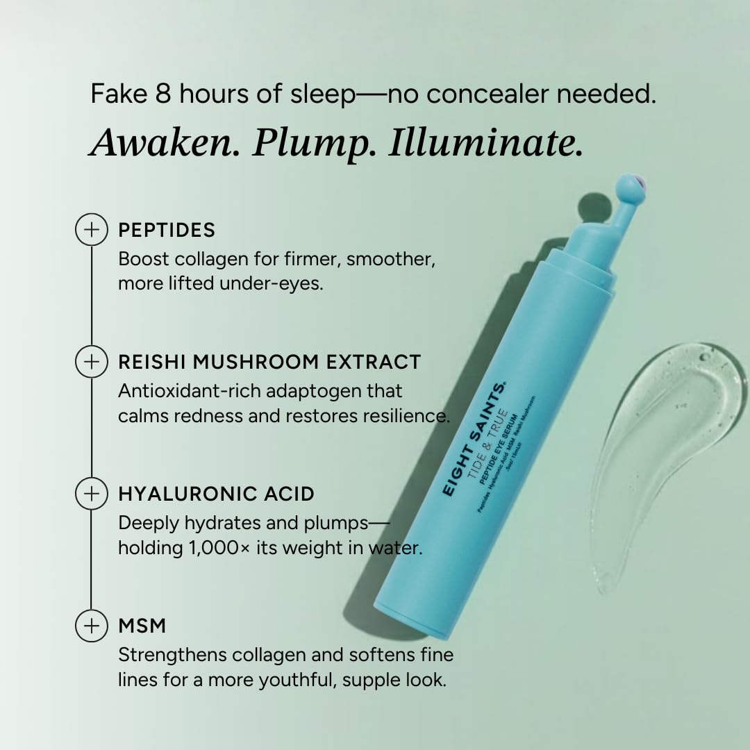 Eight Saints Tide & True Peptide Eye Serum for Puffiness & Wrinkles, Under Eye Roller Ball Treatment for Dark Circles & Fine Lines, with Peptides, Hyaluronic Acid, and Reishi Mushroom, 0.5 fl oz - Maple Wellness Supplements