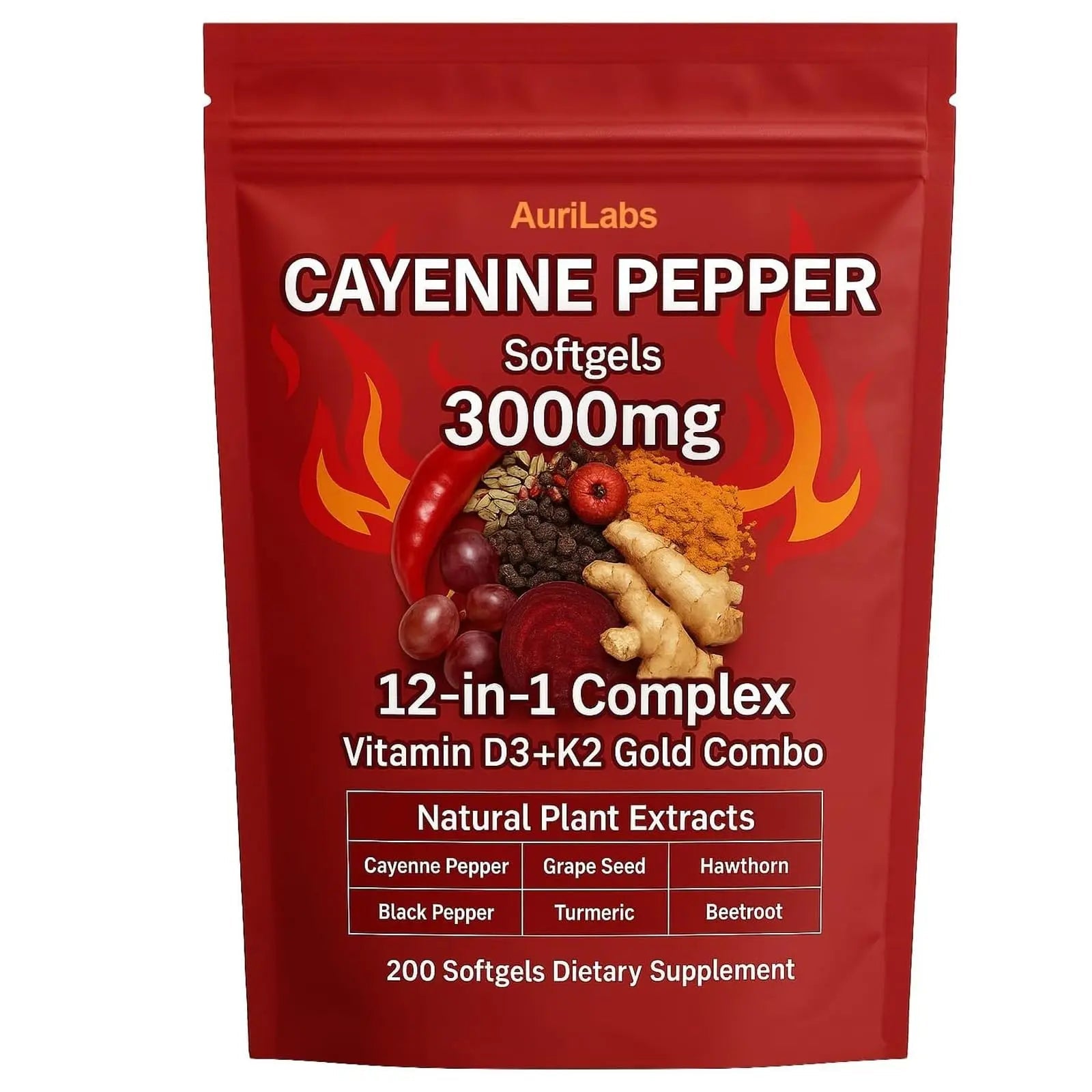 EILTEAU AuriLabs Cayenne Pepper Softgels Supplement, Supports Leg Vein, Heart and Blood Vessel Health, with Vitamin E D3+K2 and Extracts of Grape Seed, Hawthorn, Beetroot and Others (1) - TrustMedUSA